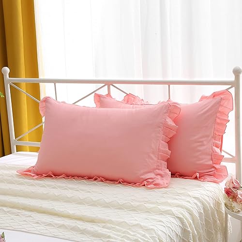 Miniatura 7 de Juego de 2 fundas de almohada de algodón de 20 x 36 pulgadas con dobladillo, color rosa coral y volantes, tamaño King