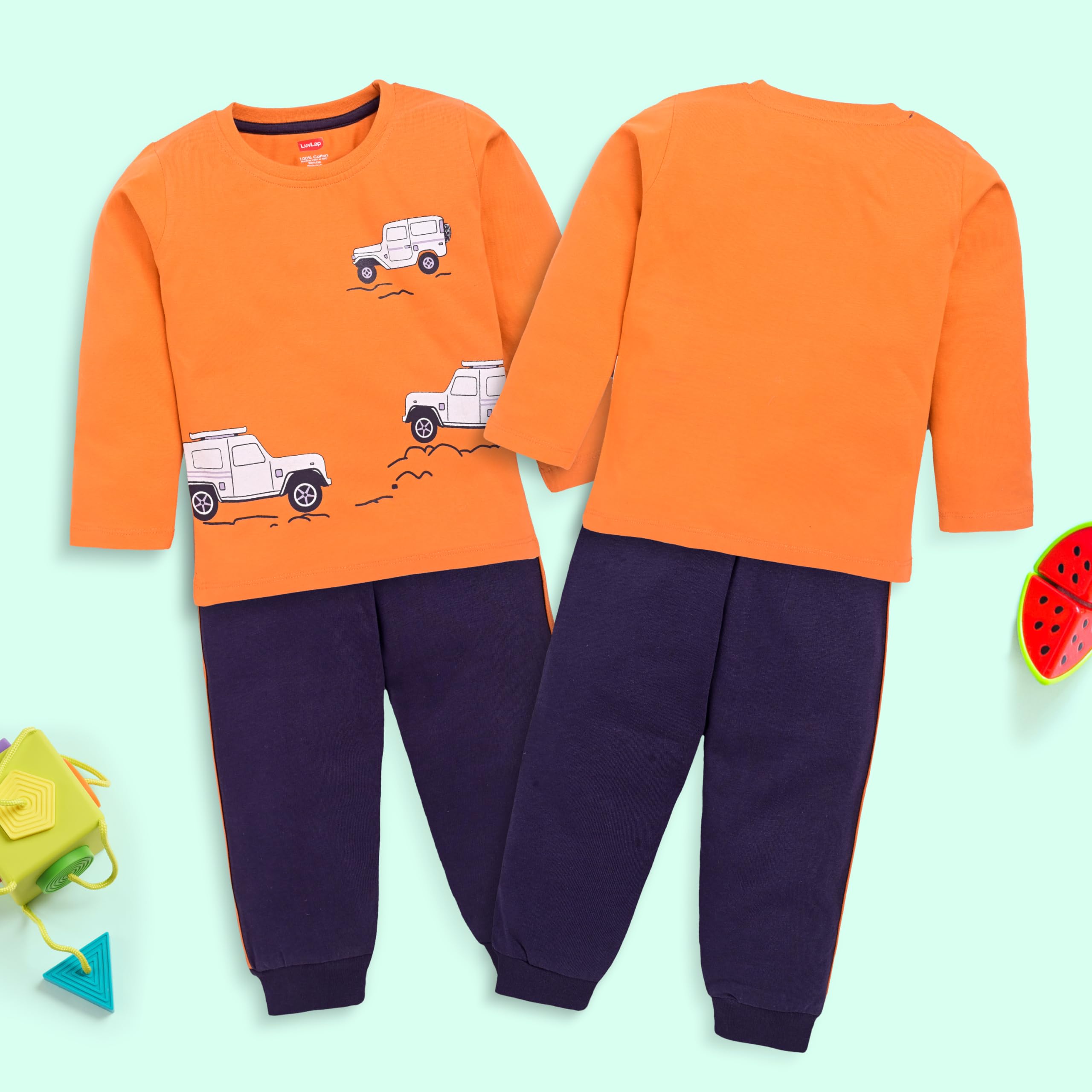 LuvLap Baby Boys 100% Cotton Full Sleeve Boys T-Shirt & Pyjama Sets, Pack Of 03 Powder Blue, White, Saffron 3 to 6 months - Image 4 thumbnail