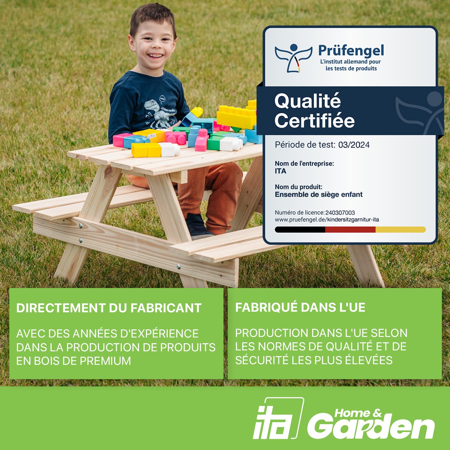 ITA Table de Pique-Nique pour Enfants en Bois avec 2 bancs, Ensemble Table et bancs pour Enfants dès 3 Ans, pour intérieur et extérieur, Bois certifié FSC, fabriqué dans l'UE, Naturel