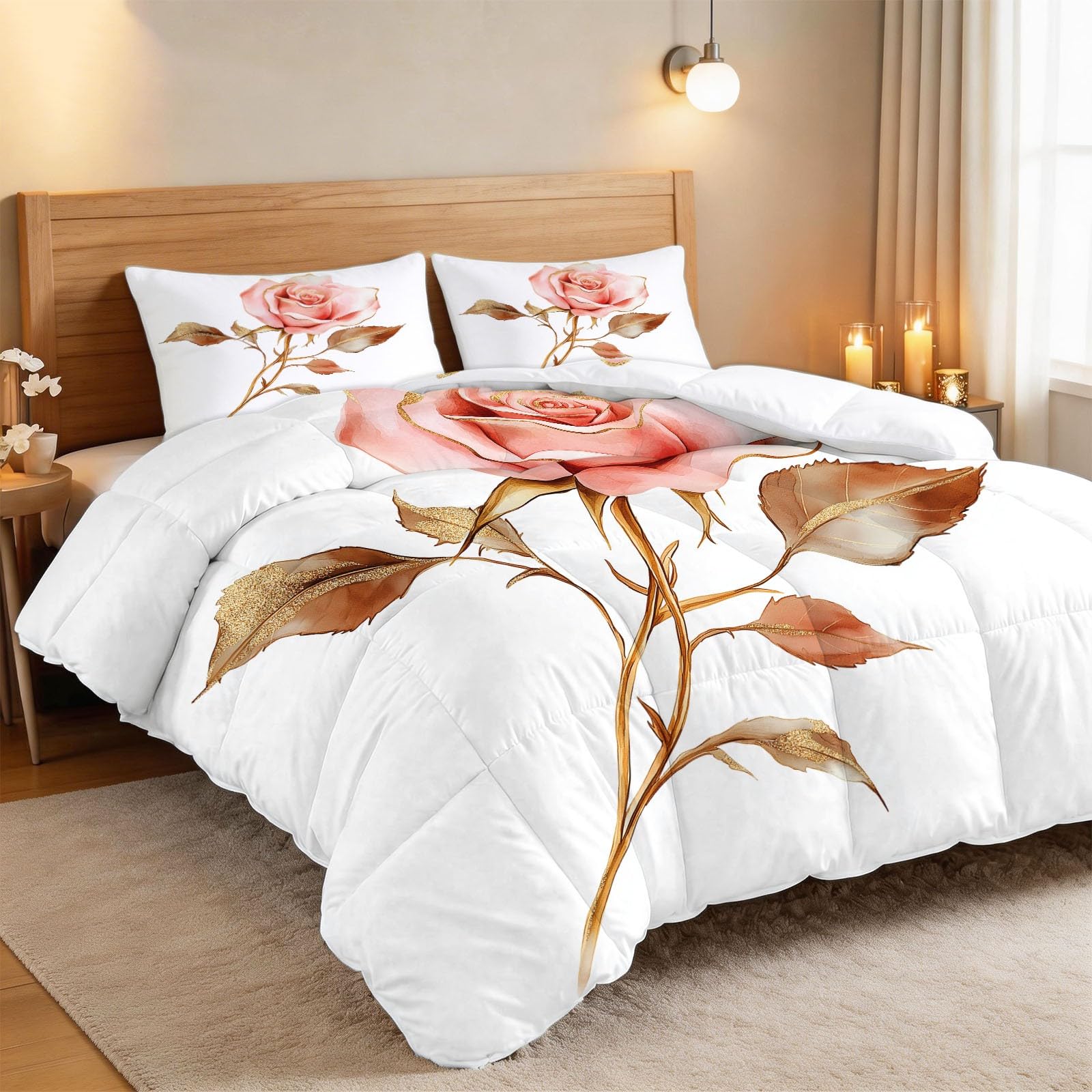Genérico Wygodna kołdra 200 x 200 cm różowa różowa prosta i elegancka kołdra z nadrukiem z wypełnieniem z włókna, nordycka zimowa miękka, lekka, dwustronna i oddychająca, biała