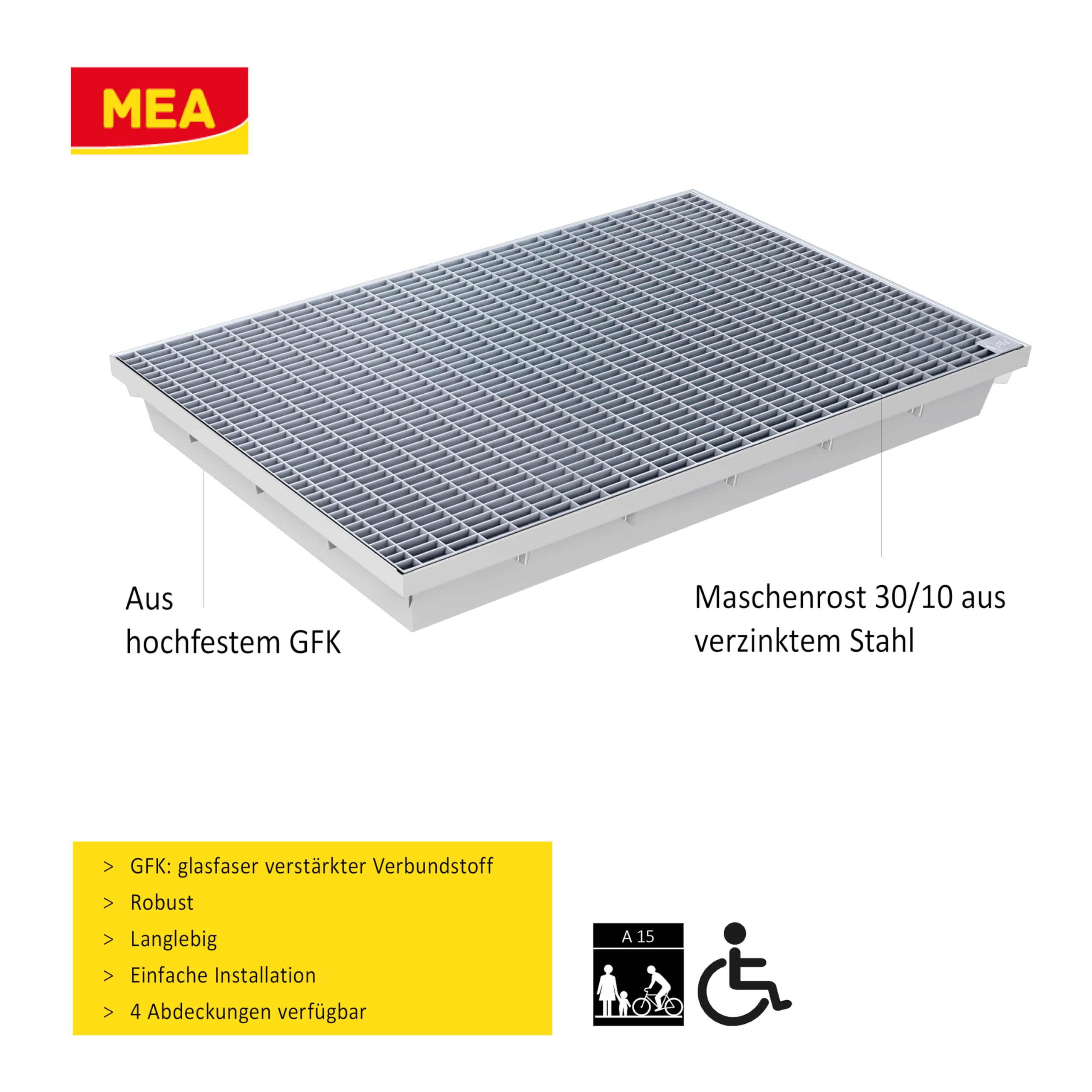 MEA Fußabstreiferkästen aus hochwertigem GFK, Abmessungen 60x40x8 cm, mit Gitterrost aus verzinktem Stahl, Maschenweite 30/10