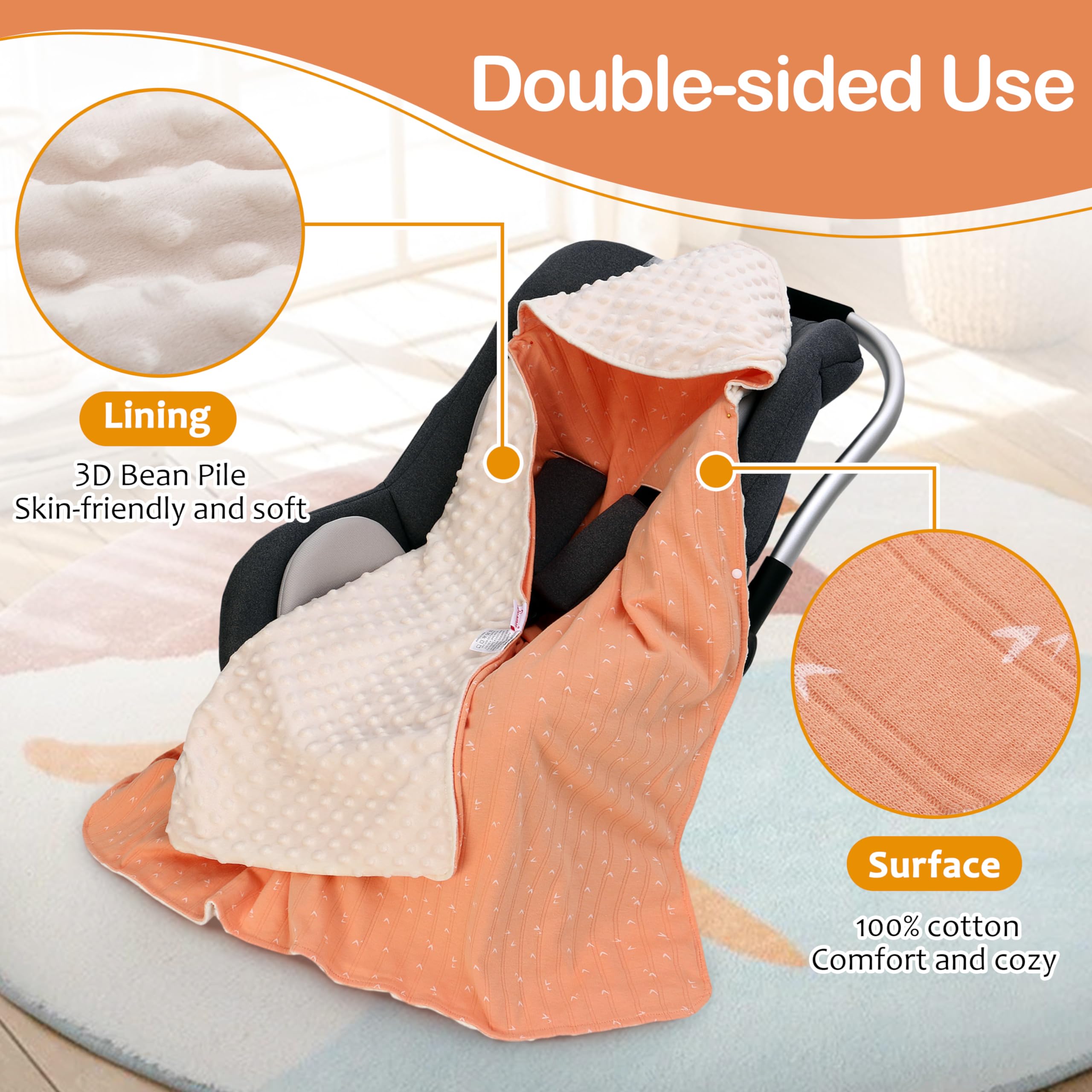 Coperta Avvolgente in 100% Cotone, 90*90cm Bifacciale Multifunzionale Copertina Accogliente con Cappuccio, Morbida Trapunta per Tutte le Stagioni, Adatto a Passeggino, Seggiolino, Unisex, Arancione