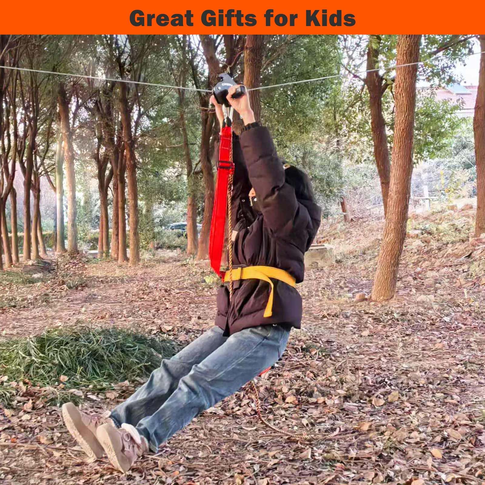Kits de tirolesa para patio trasero, kit de tirolesa de 110 pies para niños y adultos de hasta 350 libras, equipo de juegos al aire libre (trinquete de 110 pies)