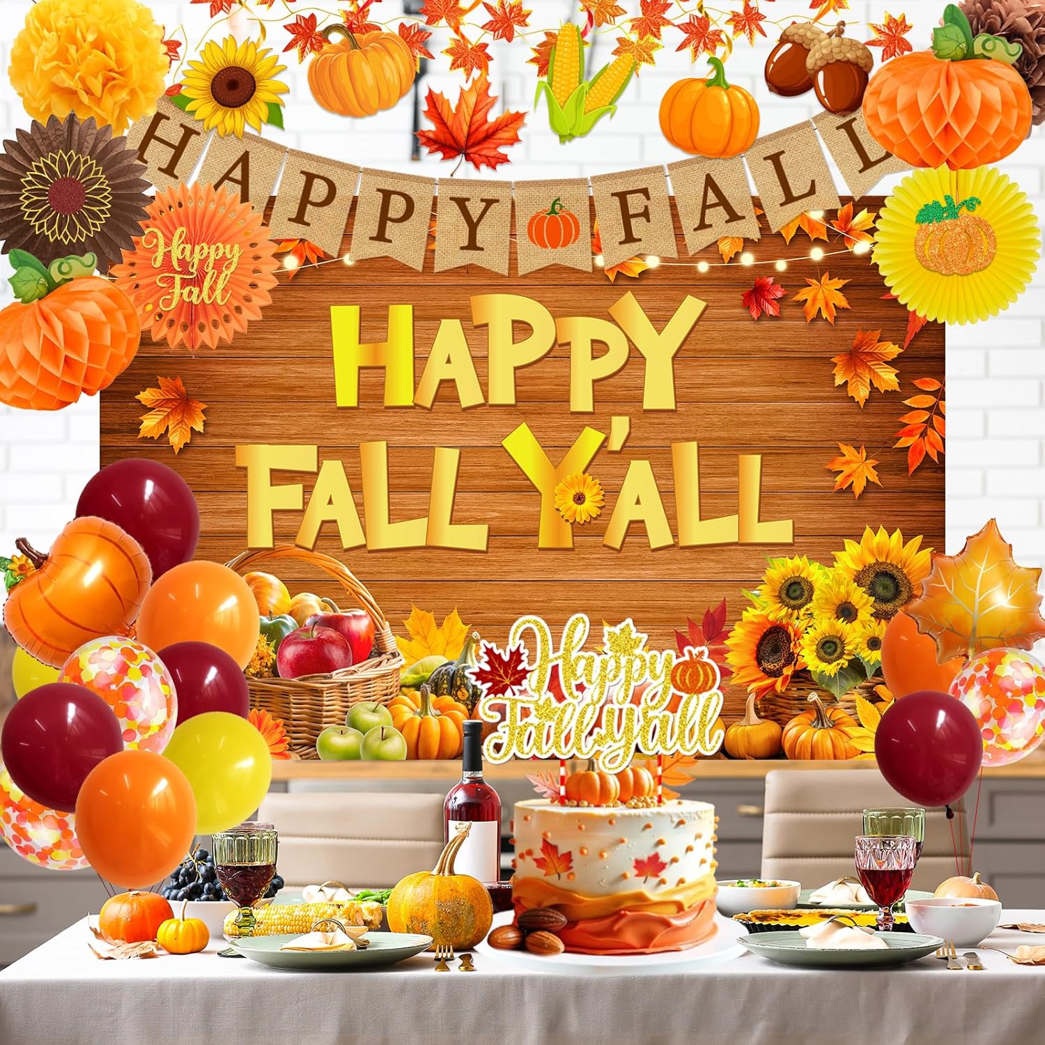 Fall Party Decorations, Autumn Party Decorations includes Happy Fall Yall Banner Fall Backdrop Orange Balloons and Hanging Swirls Honeycomb Centerpieces for Harvest Thanksgiving Party Decorations