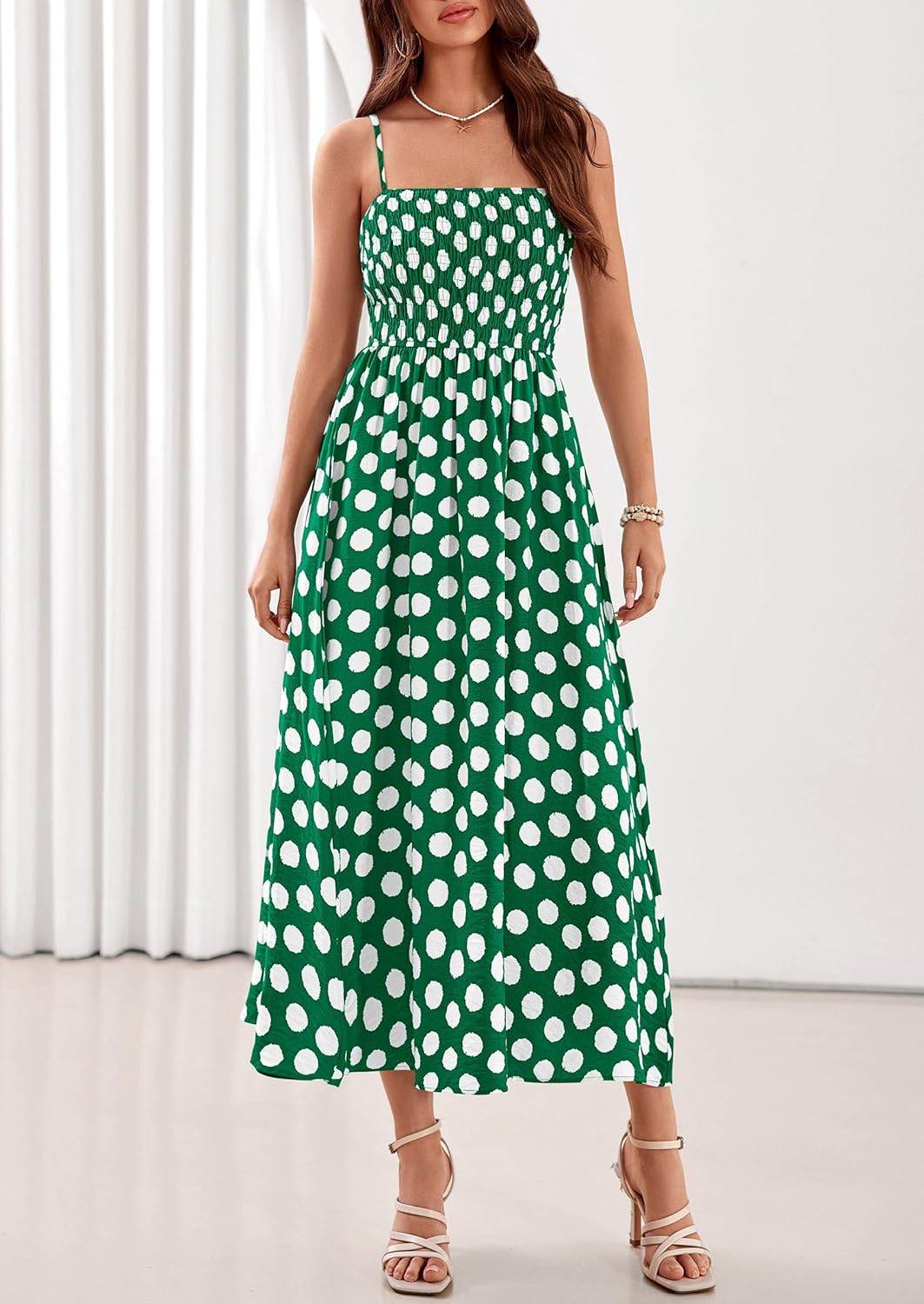 PRETTYGARDEN Womens Polka Dot Dress 2026 Summer Sleeveless Spaghetti Straps Smocked Sun Dress Flowy Spring Beach Midi Dresses - Image 8