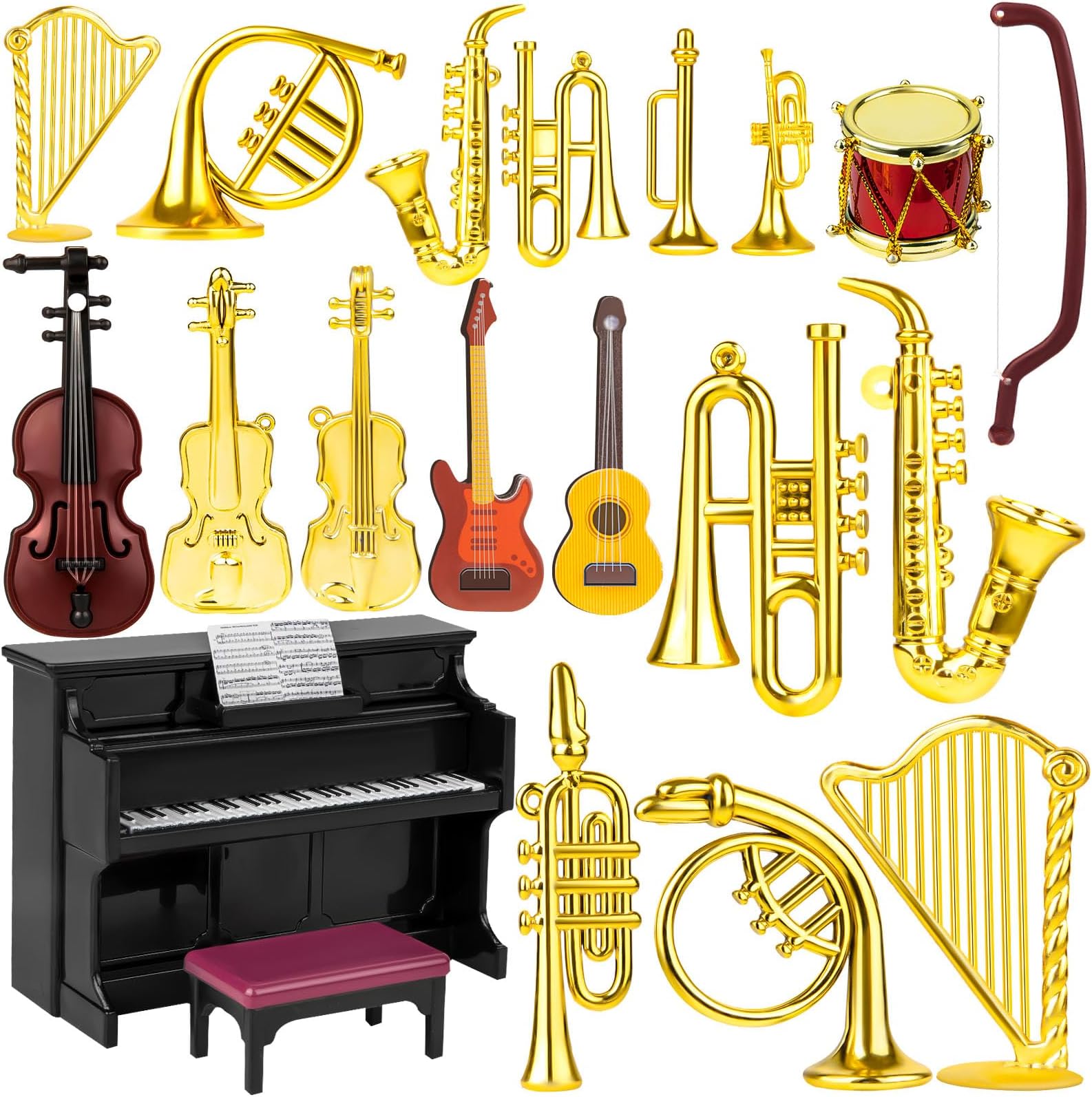 Dollhouse Musical Instruments, Miniature Violin Guitar Piano Drum Trumpet Mini Figurine Ornament for Mini House Musical Room Furnishin