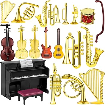 Dollhouse Musical Instruments, Miniature Violin Guitar Piano Drum Trumpet Mini Figurine Ornament for Mini House Musical Room Furnishin
