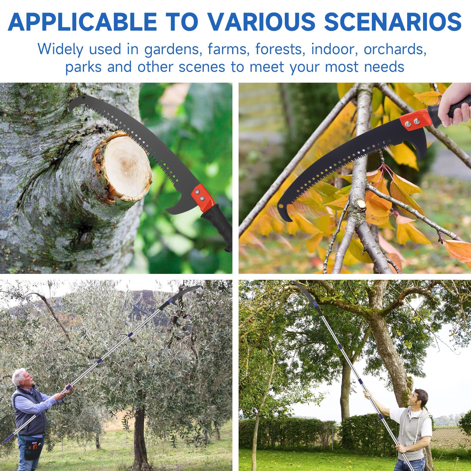 Sierra de podar telescópica, con mango telescópico, longitud ajustable, 0,8 – 4,26 m, sierra de mano, sierra de jardín, sierra telescópica con bolsa de transporte, 2 cuchillas, sierra de barra para