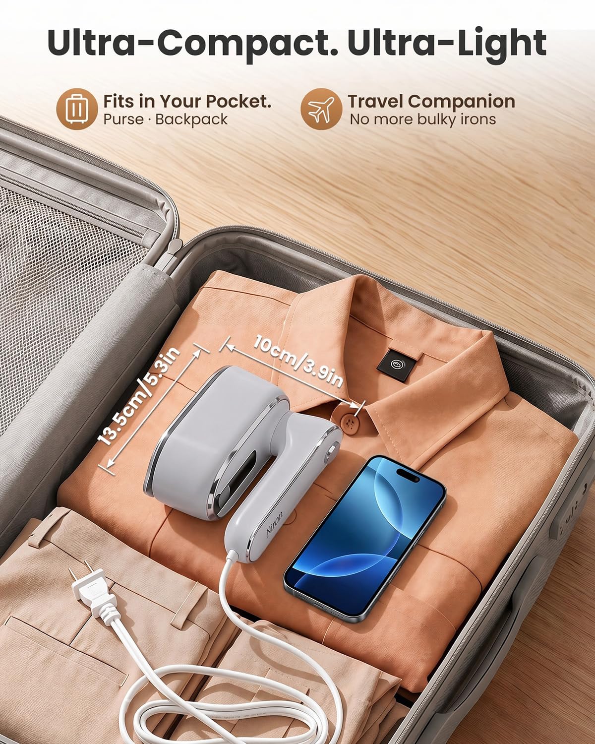 Plancha de vapor para ropa, vaporizador de ropa de viaje con mango giratorio de 180°, vaporizador portátil, calentamiento rápido durante 20 segundos para viajar y en casa, plancha seca y húmeda a 970