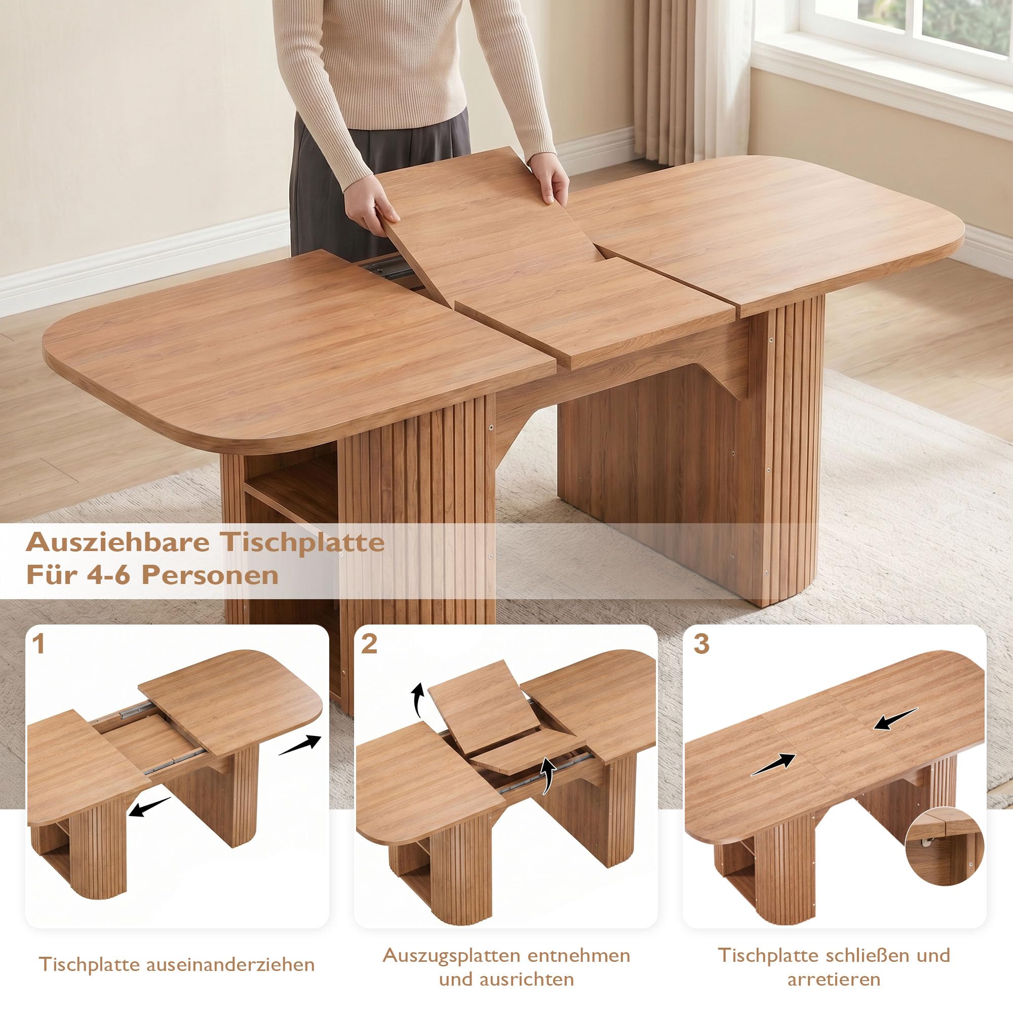 GRAVFORCE Esstisch ausziehbarer 120-160 cm Oval Küchentisch mit Stauraum | Seitenschränken, platzsparender Esszimmertisch für 4–6 Personen robuste Holzoptik für Esszimmer Nussbaumbraun