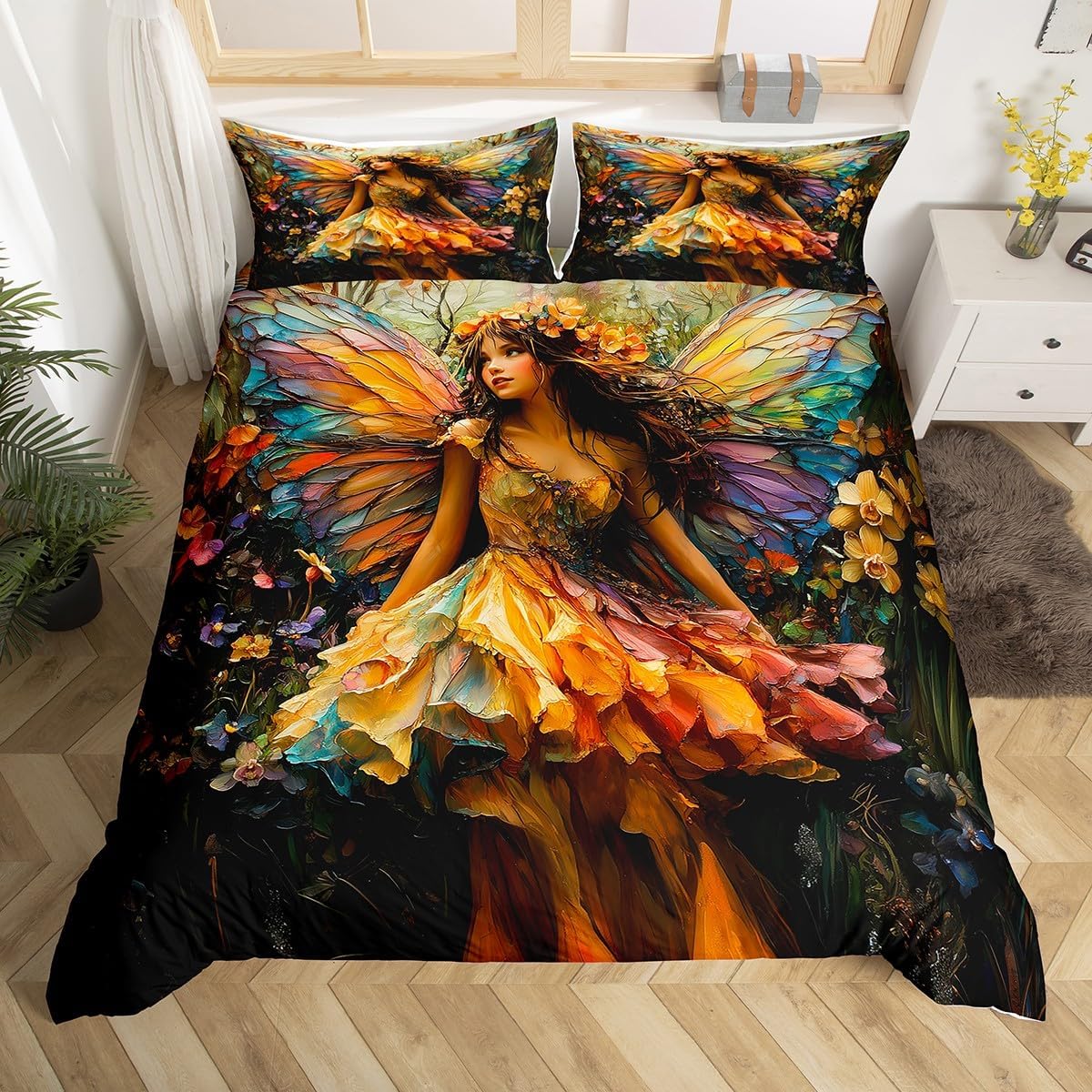 Butterfly Fairy Girl Bedding Sets Toddler Size,Watercolor Flowers Plant Garden Reversible Duvet Cover 2Pcs for Kids Bedroom,Sweet Princess Oil Painting Quilt Cover,1 Pillowcase (No Comforter)
