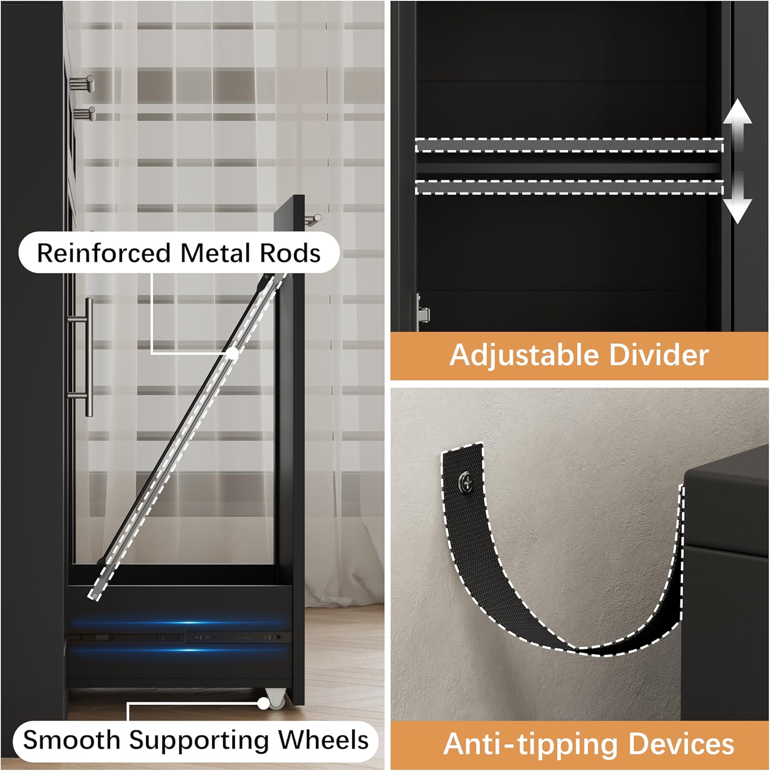 2 X 13 Gallons Double Pull Out Trash Can Cabinet with Storage, 54" Fluted Kitchen Trash Bin Cabinet with Adjustable Shelf & Drawers, Hidden Wood Pet Proof Trash Can Holder for Living Room, Black