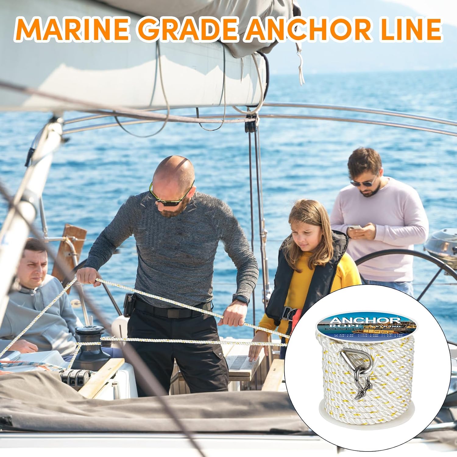 Anchor Rope 50 ft X 1/2 inch, 3-Strand Twisted Nylon Anchor Line, Boat Rope with Stainless Steel Thimble and Shackle for Boating, Anchoring, Mooring,Pulling (White/Yellow)