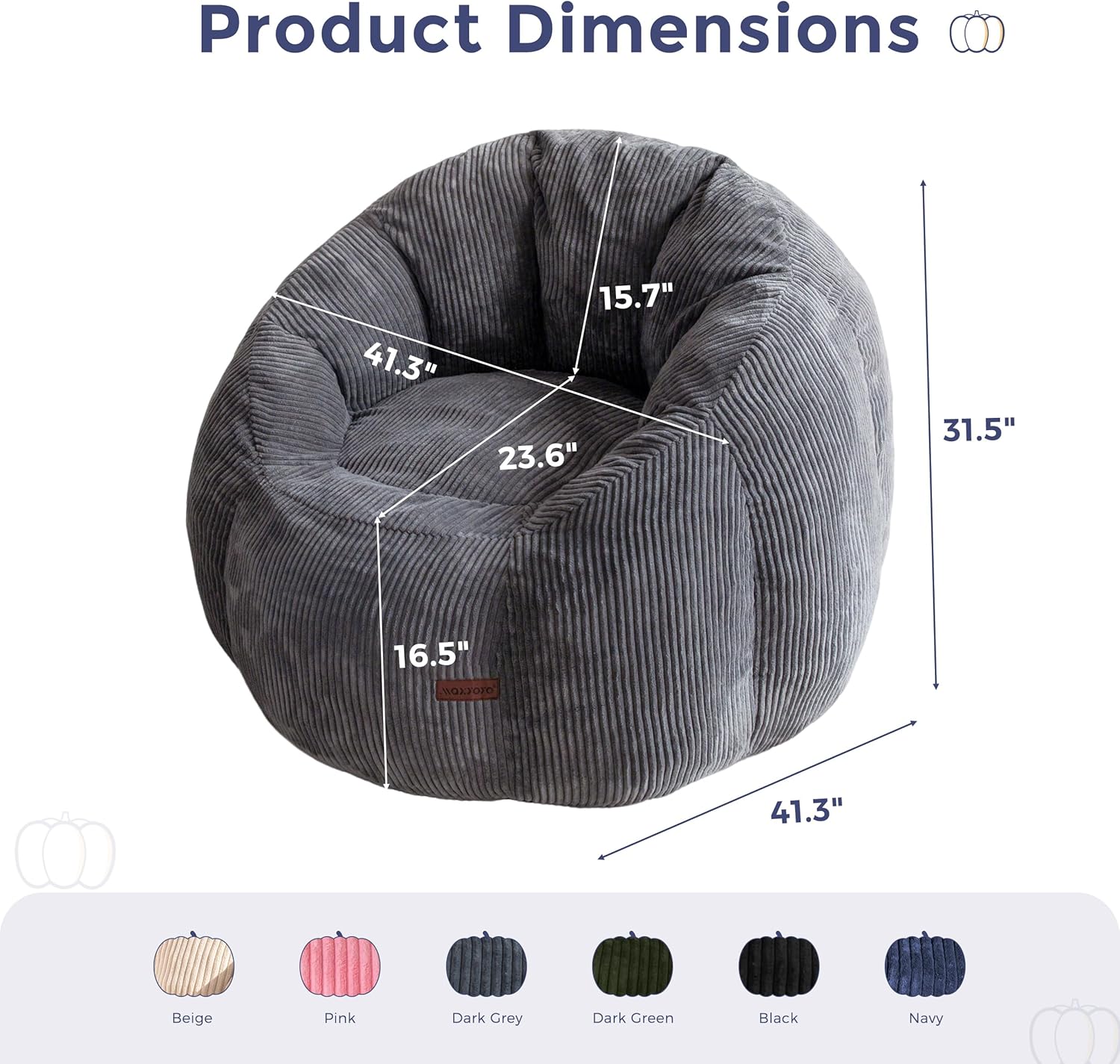 MAXYOYO Giant Bean Bag Chair, Pumpkin-Shaped Bean Bag Sofa, Oversized Boneless Couch Sofa in a Box, Comfy and Lazy Lounge Chair for Dorm, Living Room, Dark Grey