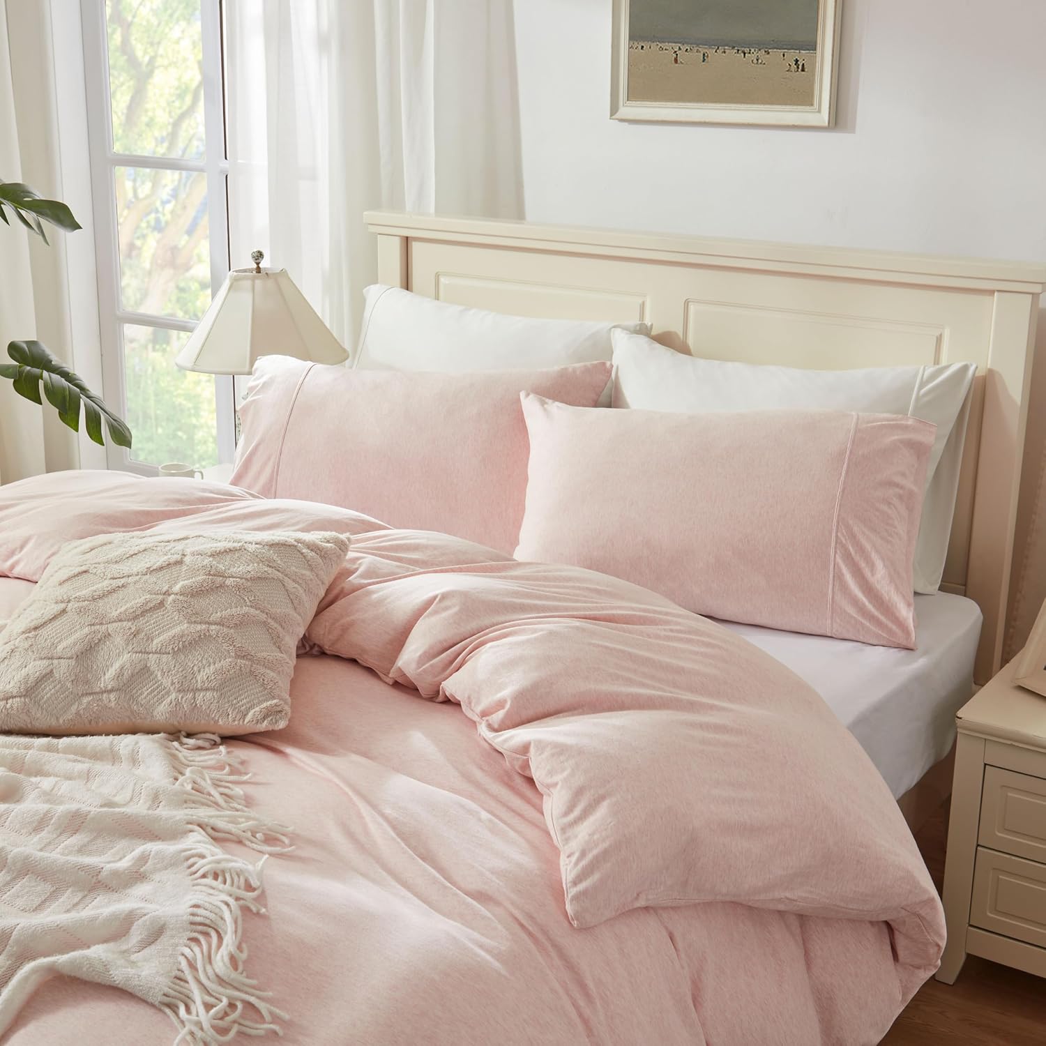 H HOUSEHOLD 100% Jersey Knit Cotton Queen Size Pillowcases Set of 2, Super Soft Breathable Pillow Cases, Envelope Closure, Stretchy T-Shirt Fabric (Heathered Pink, Queen Size Pillowcase) image 2
