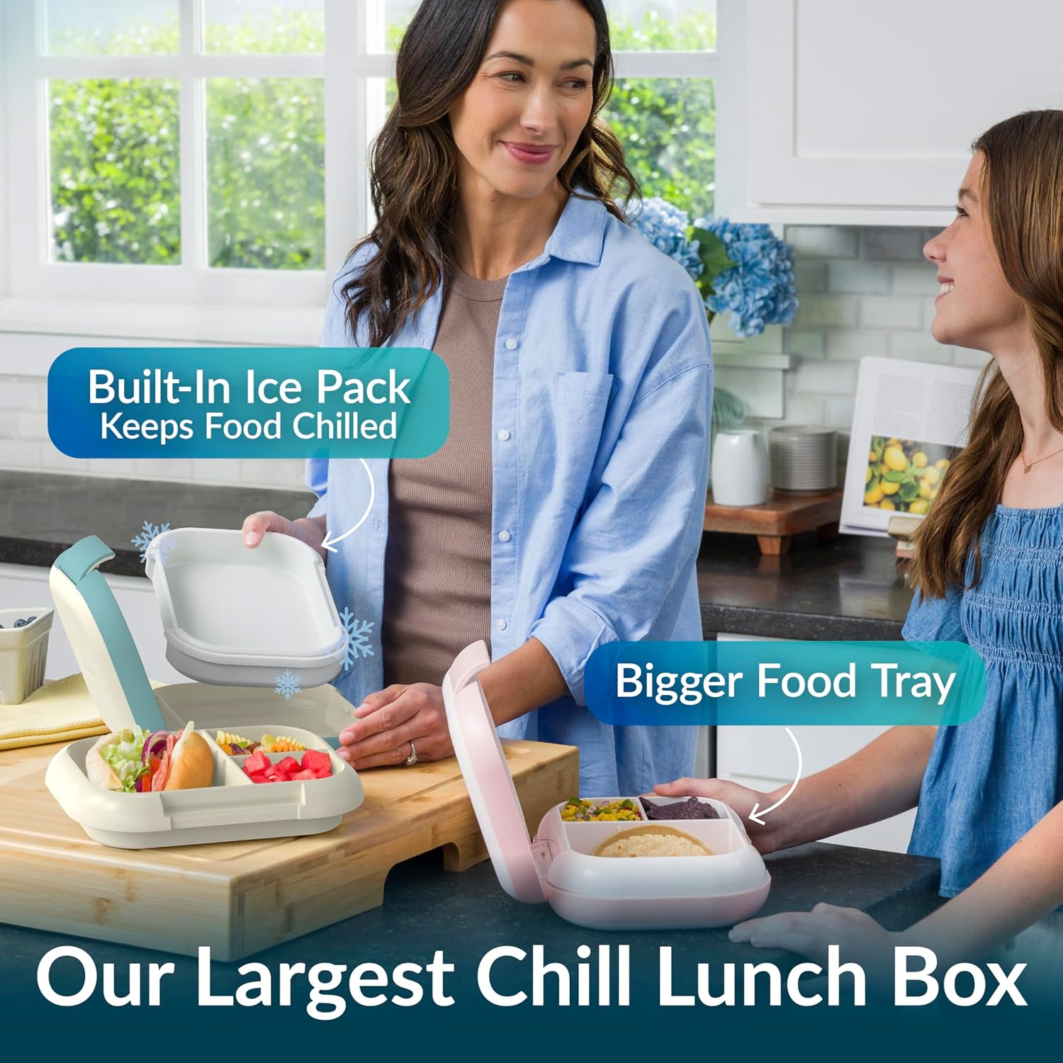 Bentgo Chill Max Leak-Proof XL Lunch Box - Included Ice Pack Keeps Food Cold; 5-Cup Capacity for Adults & Ages 8+, 3 or 4 Compartment Bento Box, BPA-Free, Dishwasher Safe (Bone & Glacier Blue) - Image 2