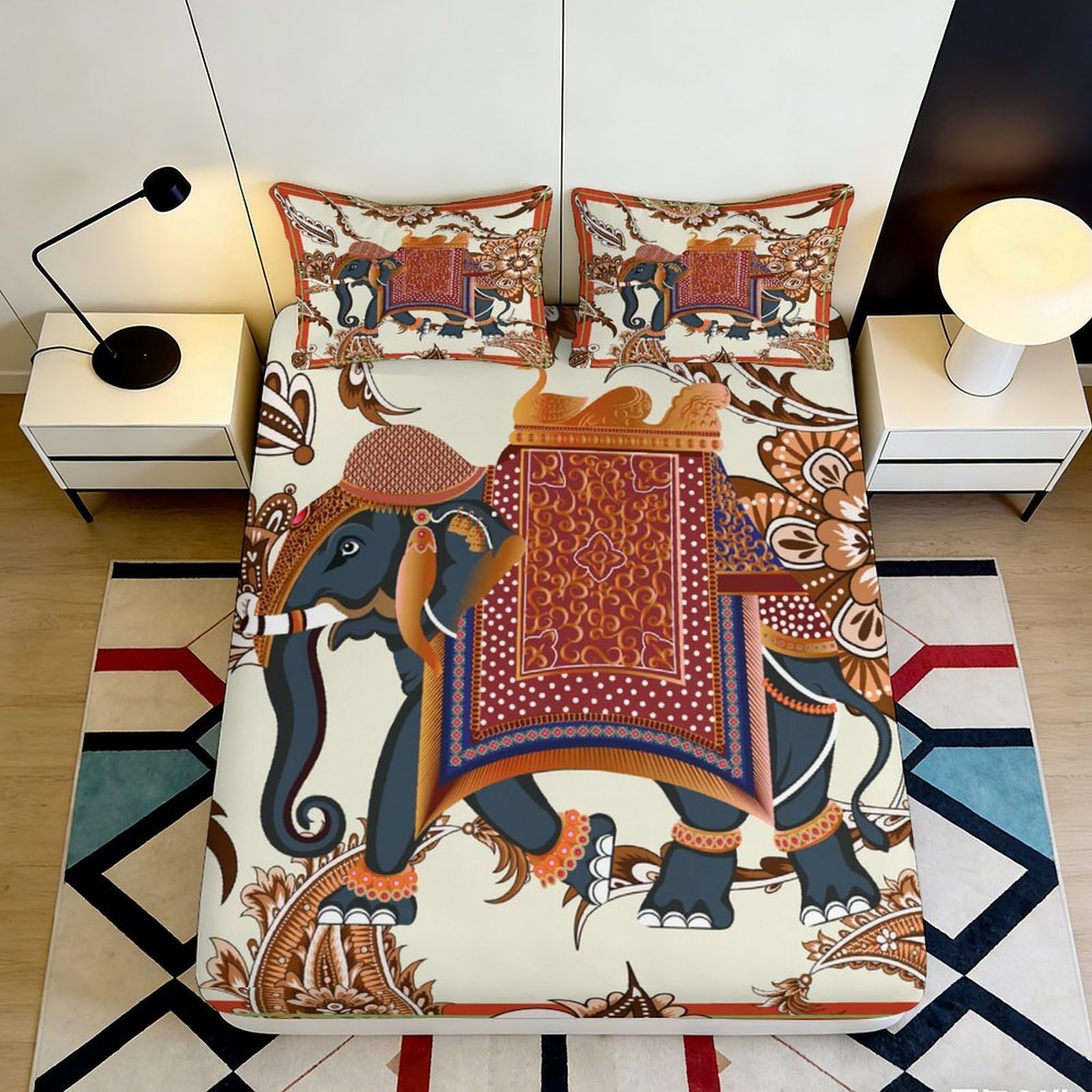 3D Printed Indian Elephant Boho Fitted Sheet Microfiber Soft Anti-Slip Mandala Mattress Cover Bedroom Decor 120x200cm 120x200x25cm