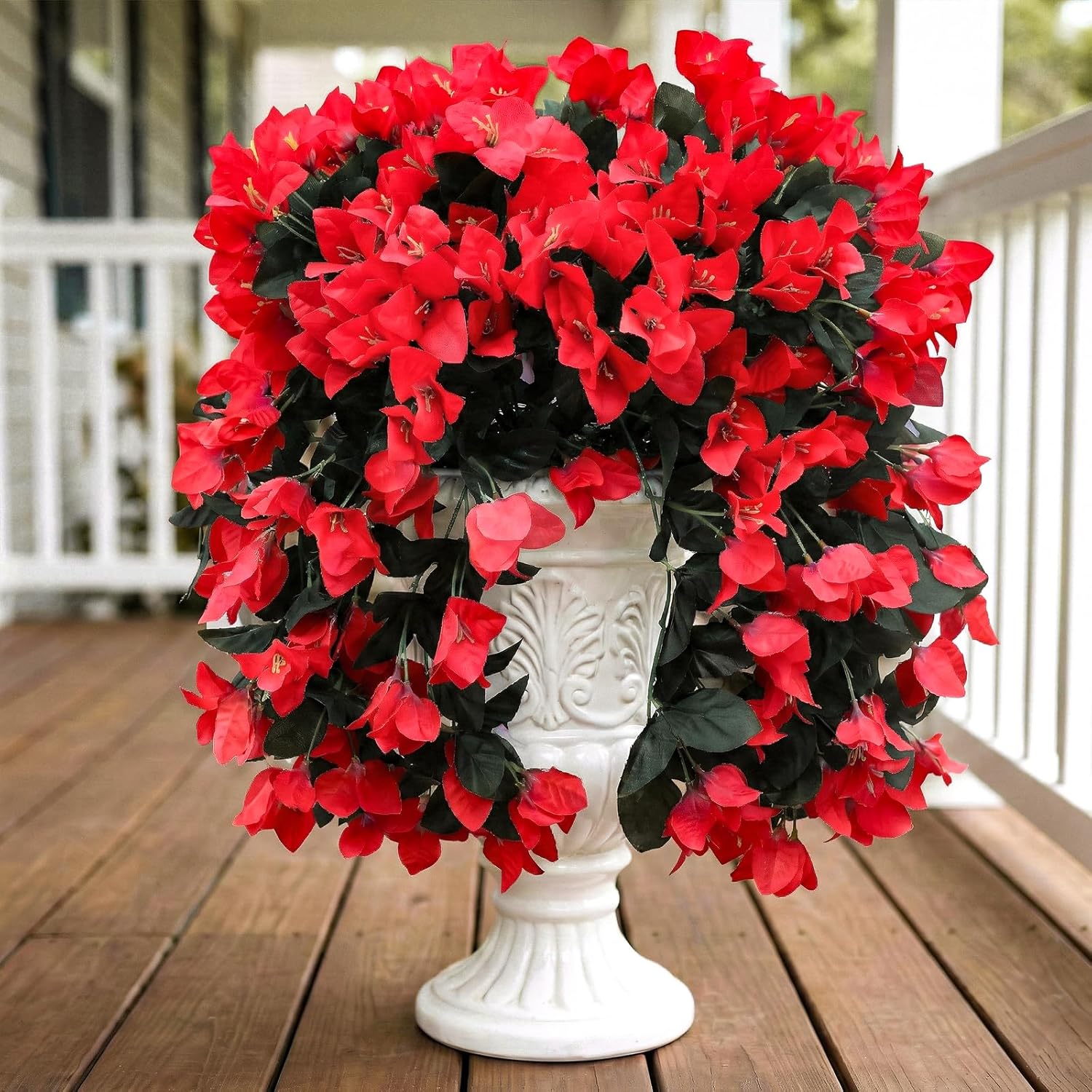 2 Pcs Artificial Hanging Flowers for Outdoors, Faux Bougainvillea Plants for Outside, Fake Flowers Silk Long Trailing Vines Realistic for Front Door Porch Patio Balcony Garden Yard, Red, FF03