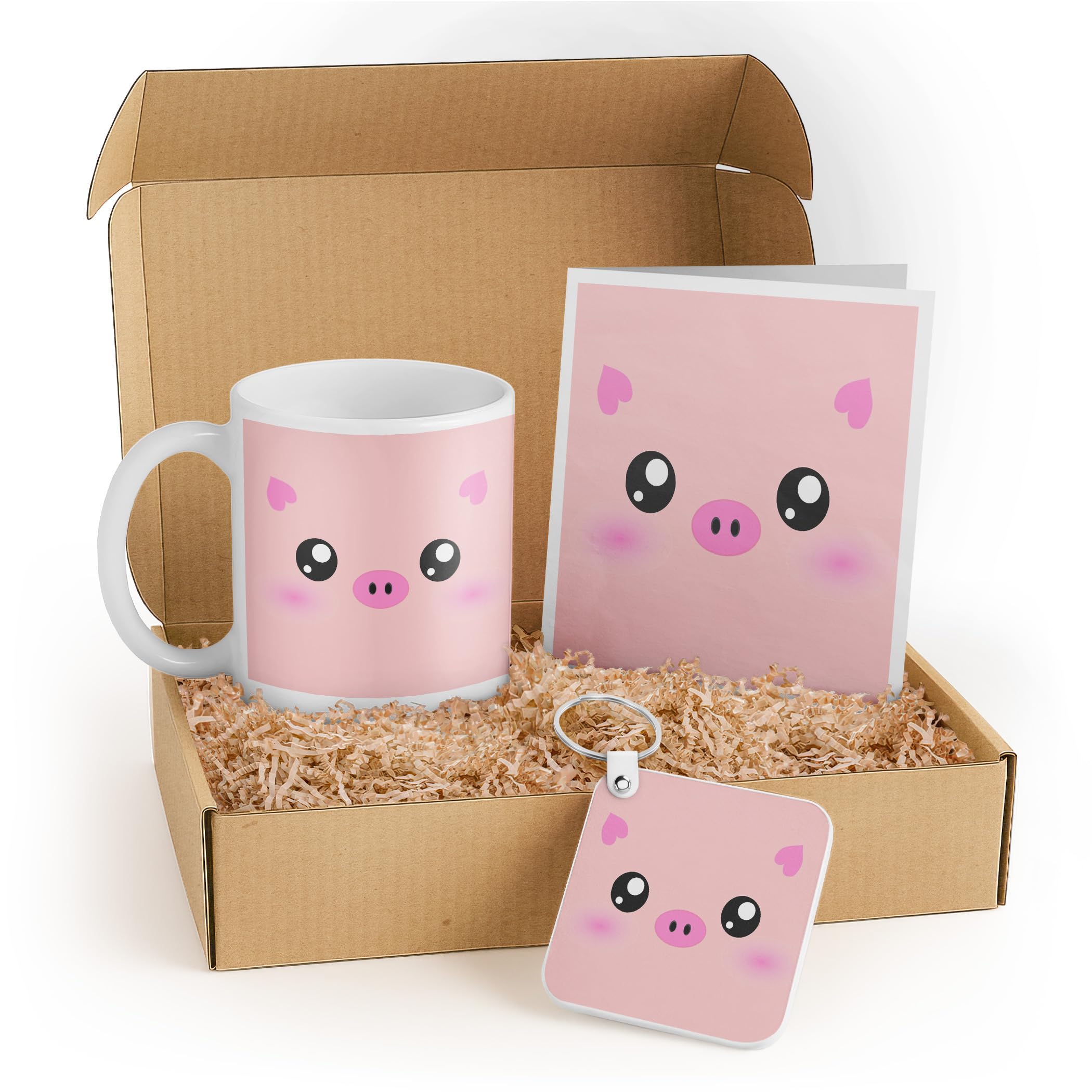 3dRose Kawaii Pig Gift Set for Kids - Includes Mug, Keychain, and Card - Cute Pink Cartoon Pig for Nursery Decor, Birthdays, and Animal Lovers