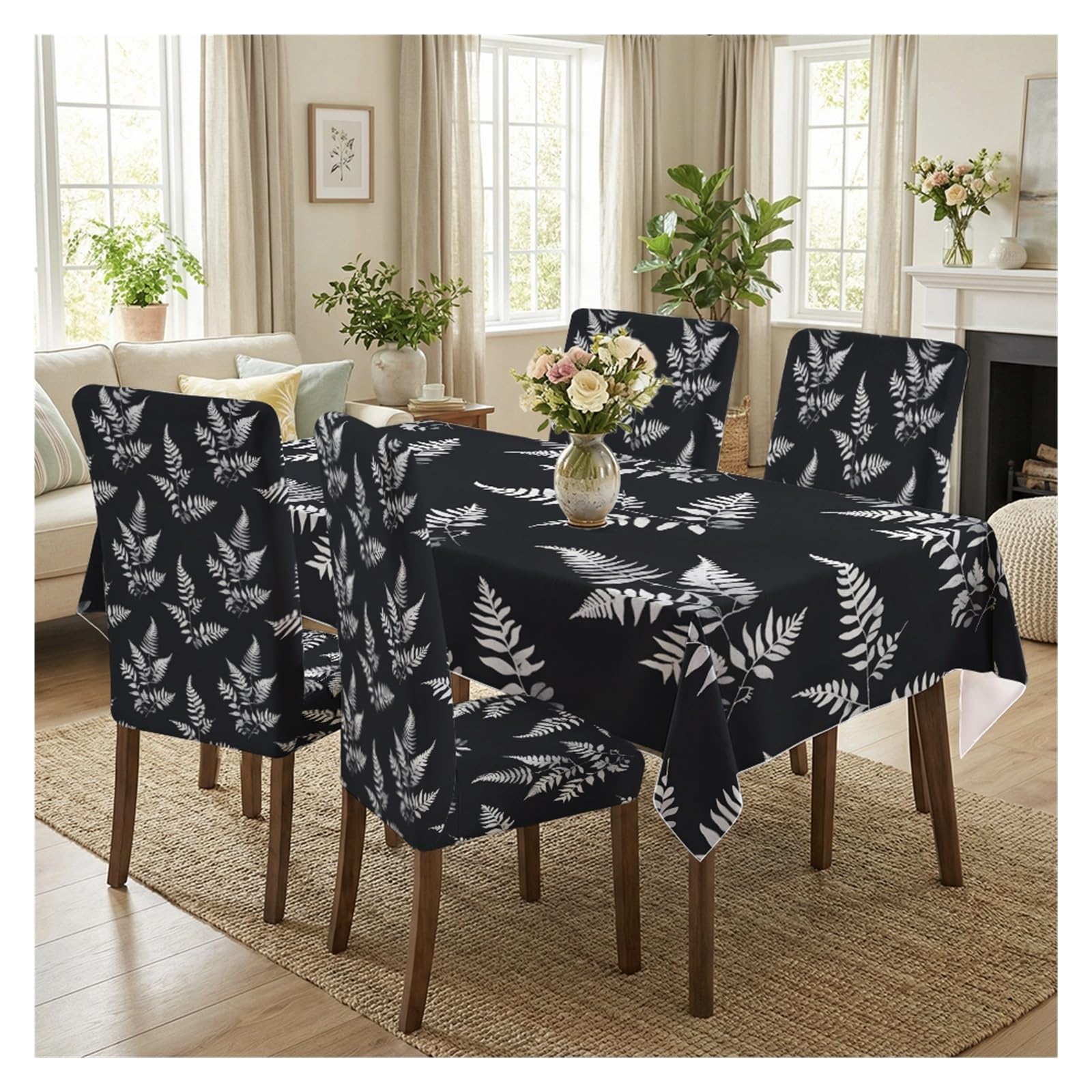 BOSUYBN Black Background White Fern Leaf Dining Tablecloth & Chair Covers Set, 5/7 Piece Moody Modern Boho Gothic Farmhouse Dining Decor Table Setting(5pcs Set: Tablecloth+Chair Covers)
