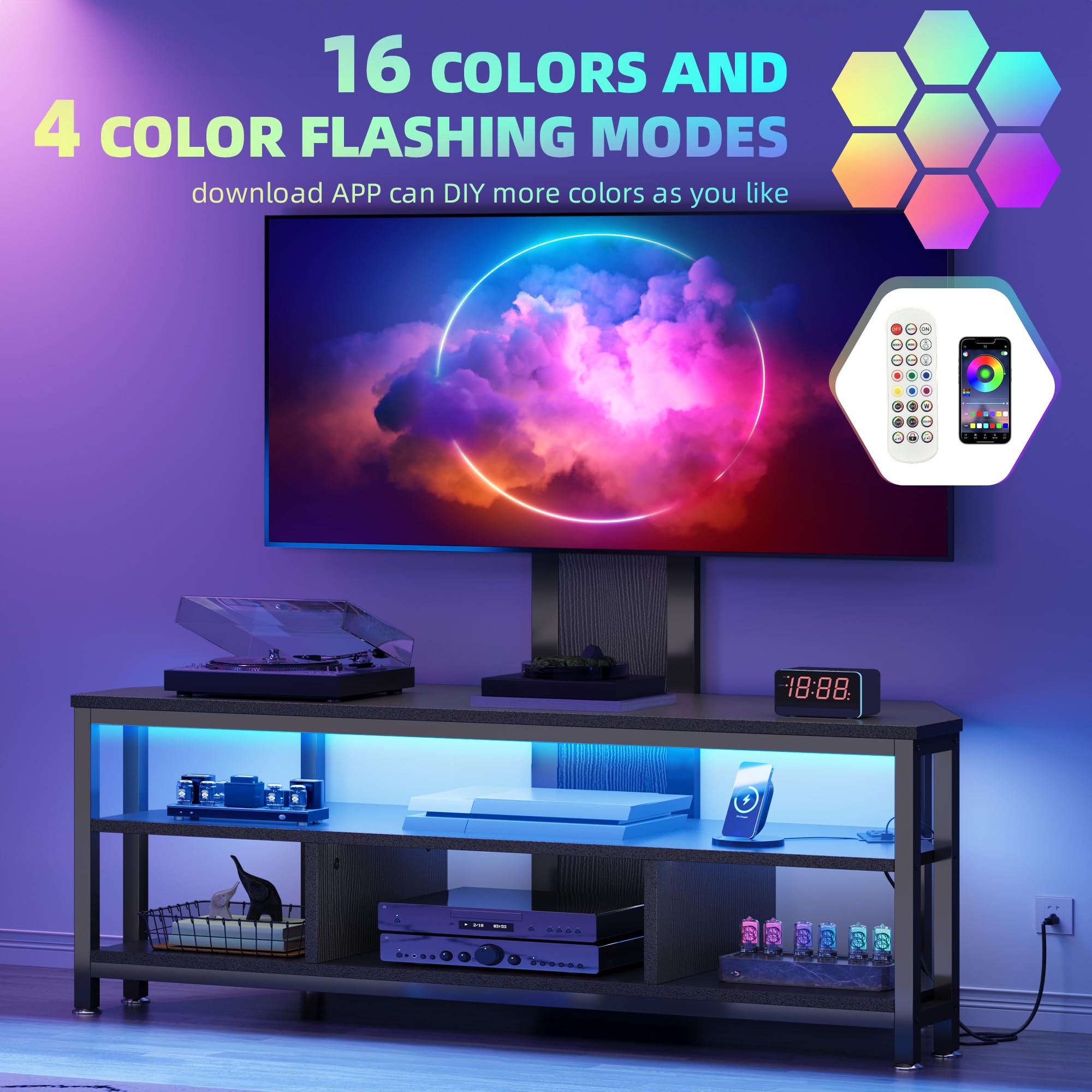 DWVO Black TV Stands for Living Room w/Power Outlet, TV Stand with Mount, LED Entertainment Center for 70/65/60 inch TV, Height Adjustable TV Console Cabinet, Black