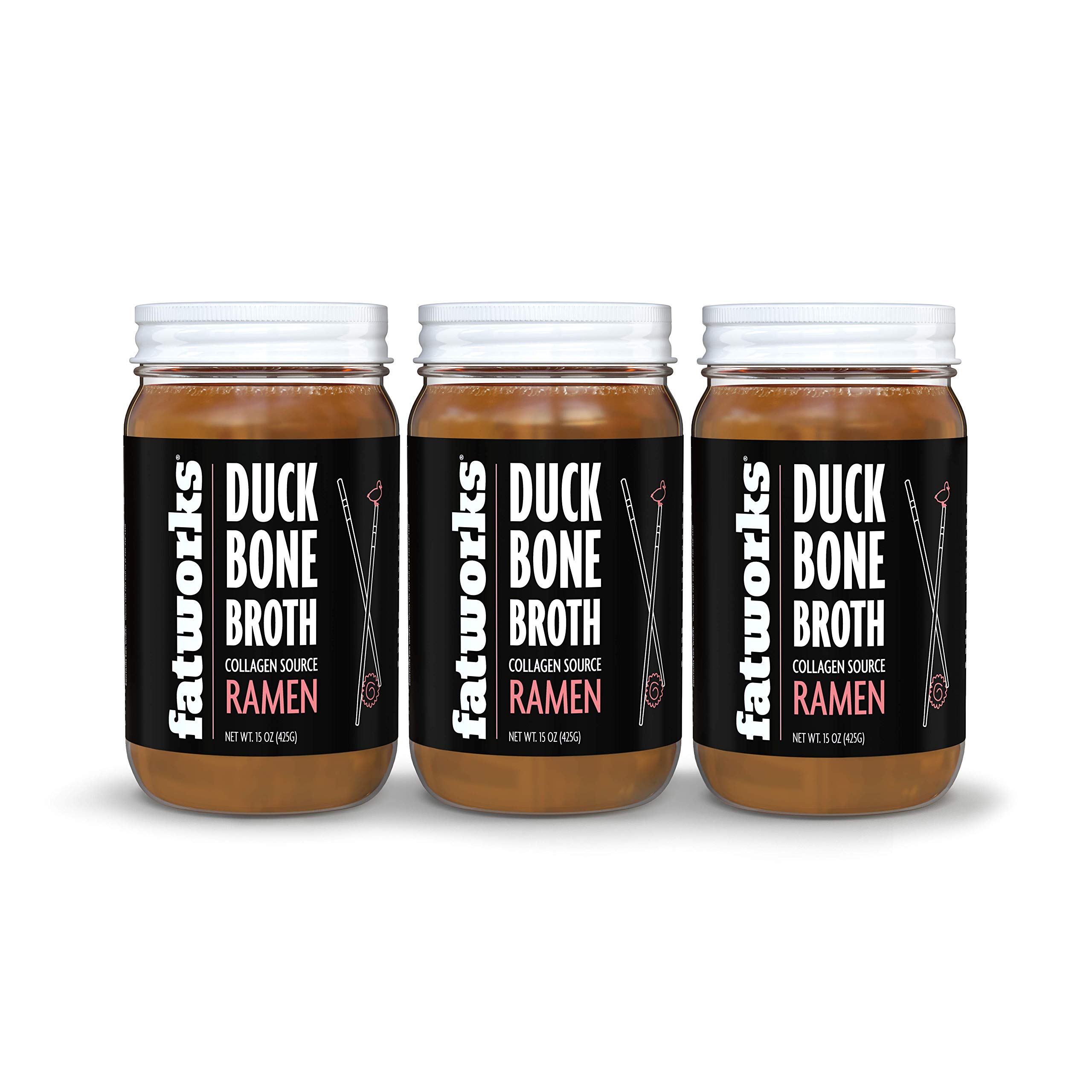 Fatworks Gourmet Cage-Free Duck Bone Broth, Ramen Flavor, Keto, Paleo, Collagen Rich, Preservative Free, 3 pack of 15 oz. Jars