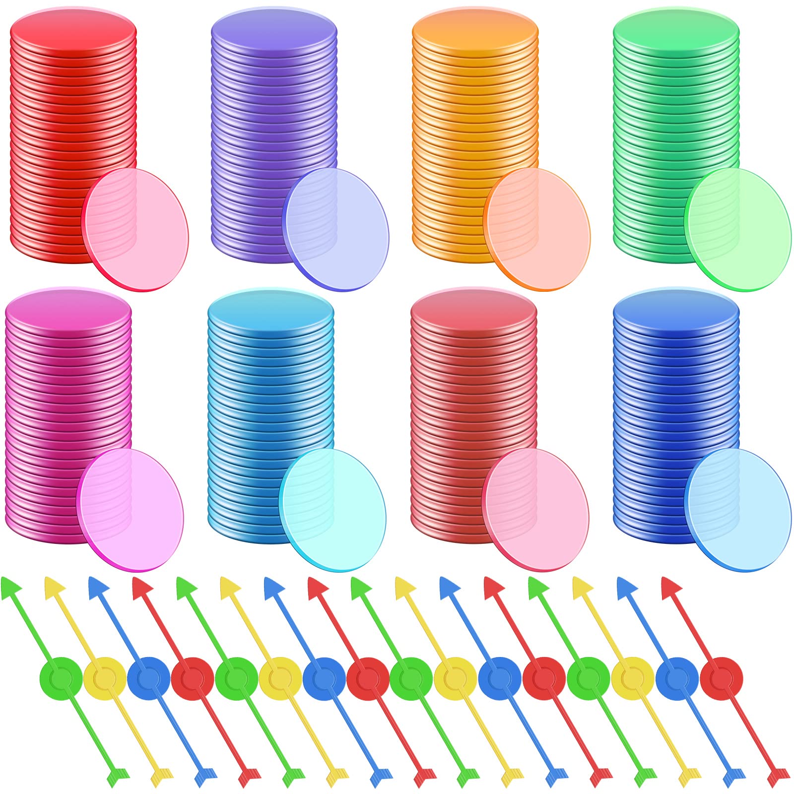 240 Pcs Transparent Color Counting Chips and 20 Arrow Spinners 8 Colors Bingo Chips Colored Math Counters Assorted Plastic Game Pieces for DIY Board Games Classroom Activities Learning Replacement