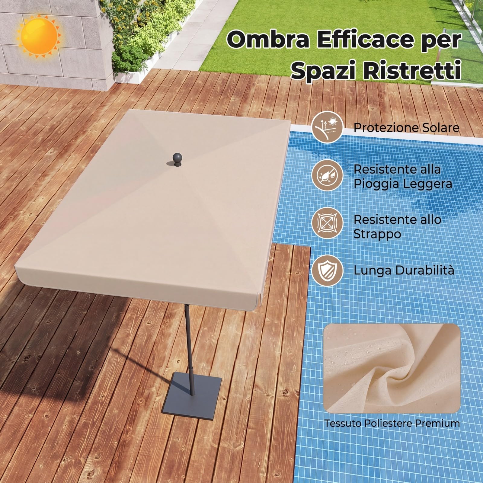 COSTWAY Ombrellone Balcone 200x130 cm, Inclinazione Regolabile (Beige) | Ombrellone con Borsa da Trasporto, Anti-UV, per Giardino, Terrazzo, Spiaggia