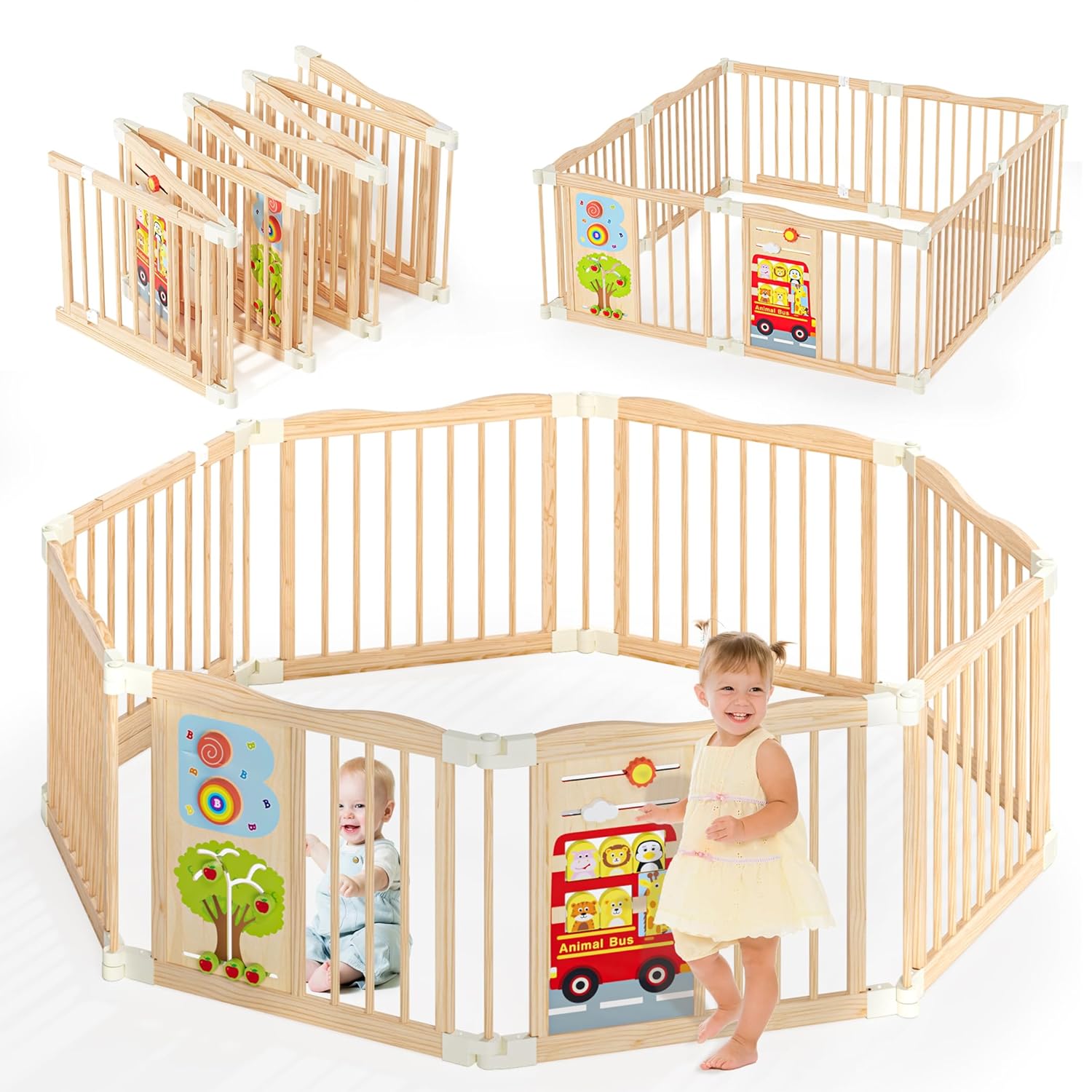 Foldable Wooden Playpen - Adjustable Wood Baby Play Yard with Child-Proof Lock, Indoor Large Safety Fence for Babies and Toddlers - Easy Assembly, 8 Panels with Sensory Toys Animal Print 8 Panels with Sensory Toys