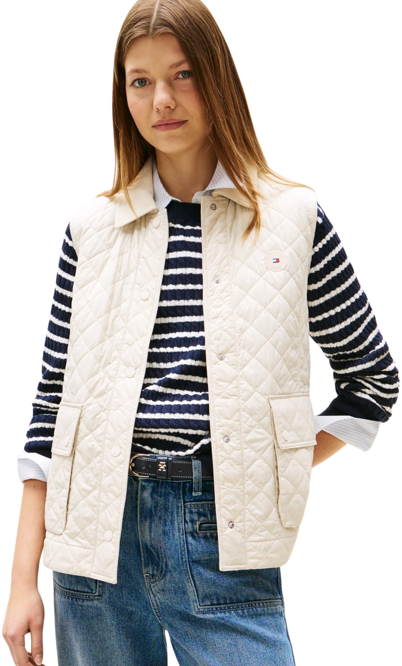 Tommy Hilfiger Women’s Nylon Slim Quilted Gilet, Off-White (Newsprint), XL
