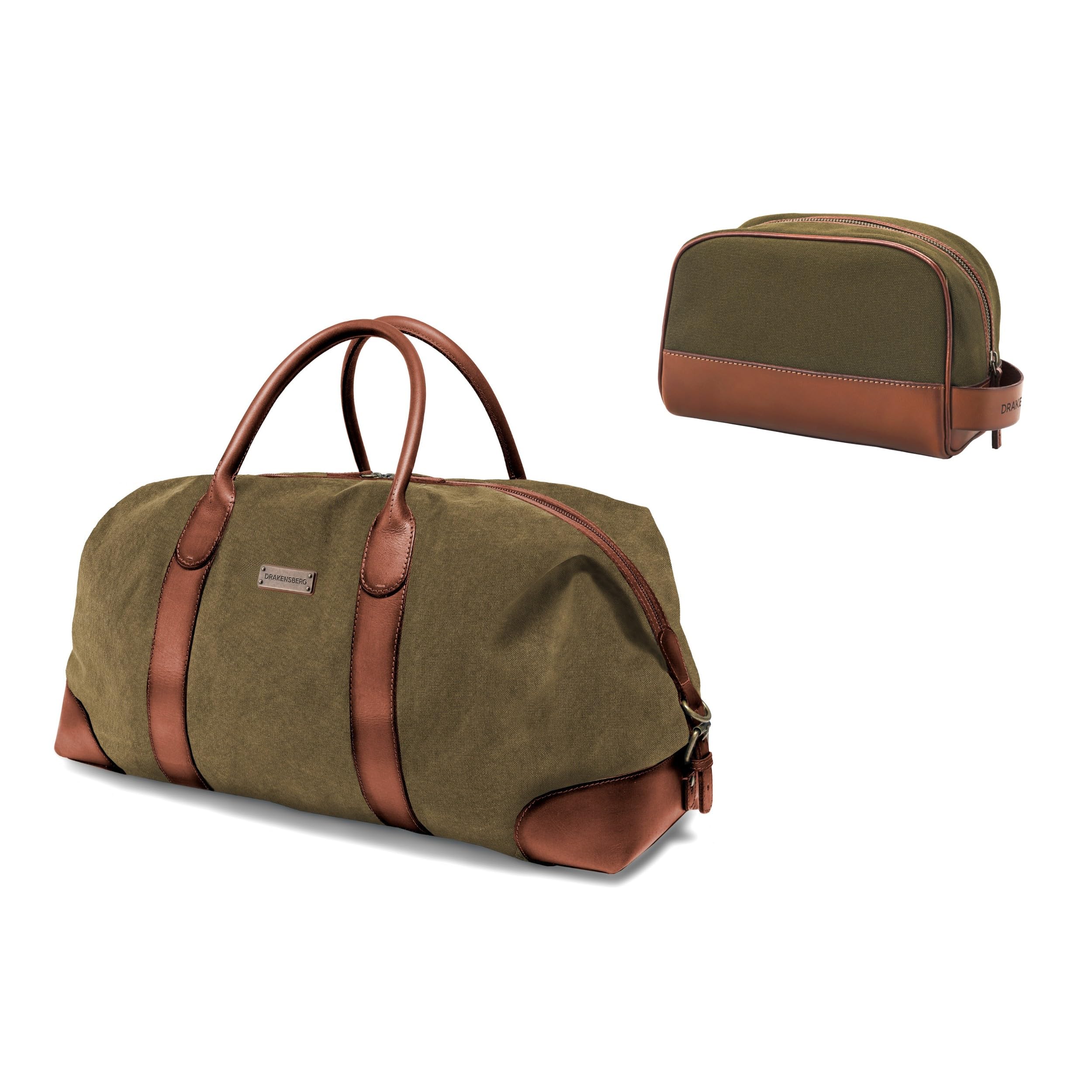 DRAKENSBERG Set/2 Weekender 'David' & Kulturbeutel 'Glen' - Reisetasche Herren, Damen mit passender Kulturtasche, Canvas, Leder - Oliv-Grün, DR-SET-900