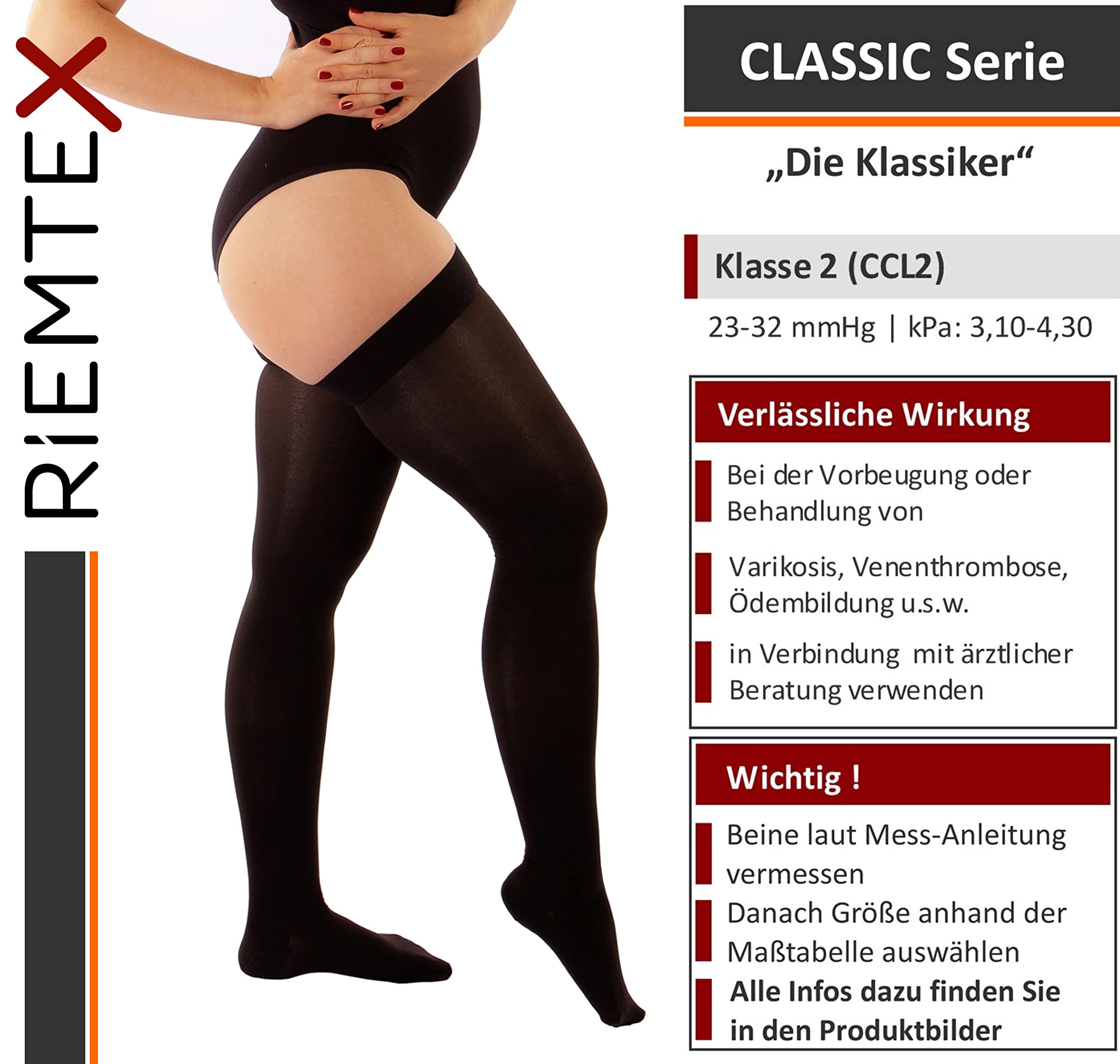 RIEMTEX Kompressionsstrümpfe Schenkel CCL2 Damen Herren geschlossen 7231 | 23–32 mmHg | Classic Serie 7231 | Schwarz oder Beige | Wunderbar weiches Gewebe