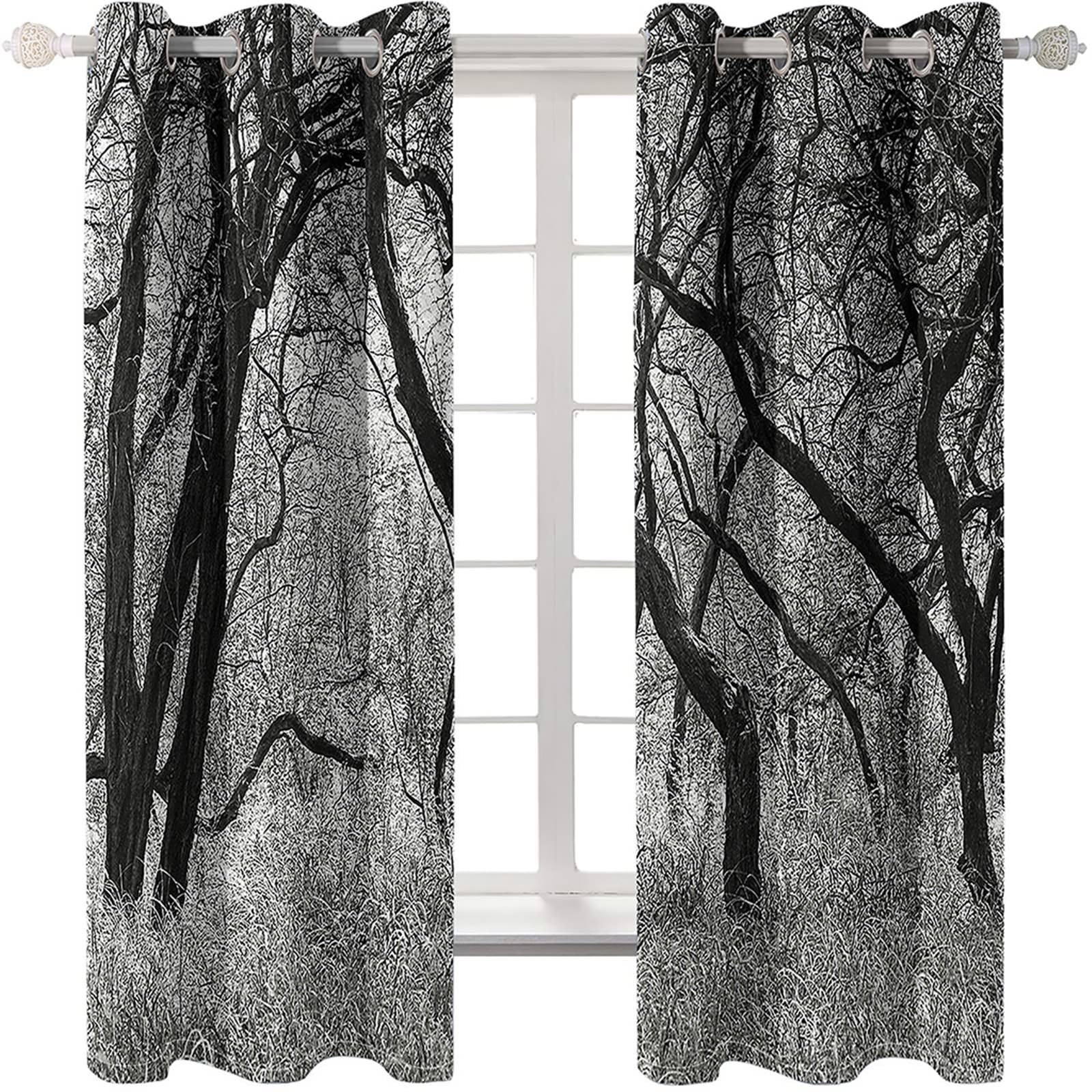 Wycian Rideau Cuisine Farmhouse Rideau De Cuisine Taupe Gris Noir 2 Pièces Polyester Paysage D'Arbres 137L X 274H Cm Mode Classique Mise À Niveau 3.0