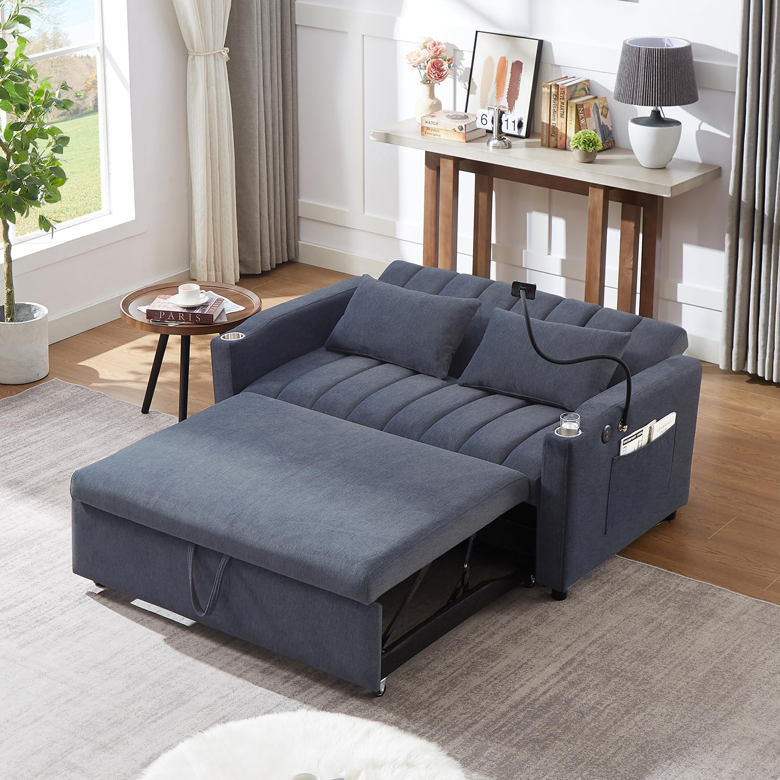 Amada 3-in-1 Sleeper Sofa Bed – Pull-Out Couch With Side Table & USB Ports, Adjustable Backrest, Beige Boucle Fabric, 68” Loveseat For Living Room
