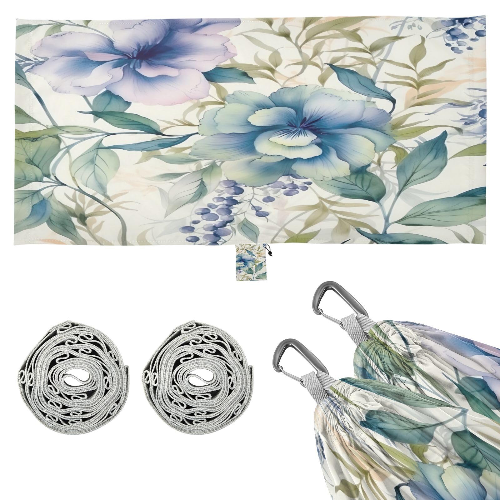 SDMKA Green Blue Floral Camping Hammock, 330 lbs with 2 Tree Straps, Carry Bag, Single Portable Hammock for Outdoor/Indoor, Hiking, Beach, Backpacking, Travel