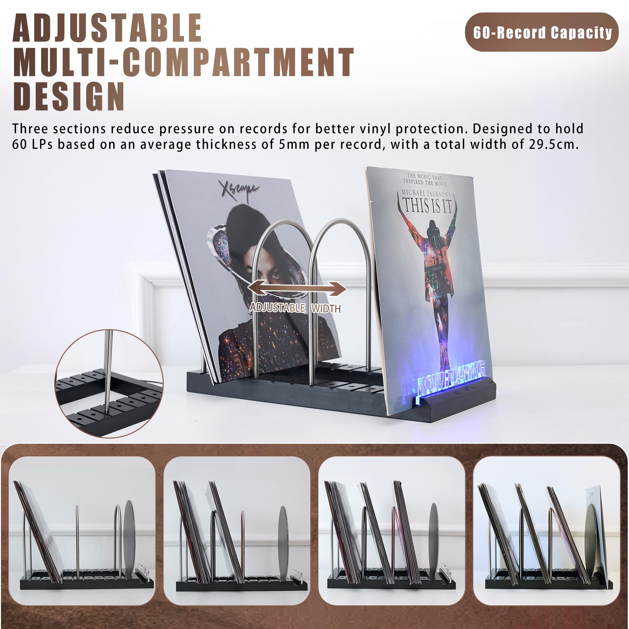 Contenitore per dischi in vinile per 60 LP, si illumina ora giocando supporto per dischi in vinile, design ispirato al vinile con luci LED a 7 colori, display per dischi in vinile, regali musicali per