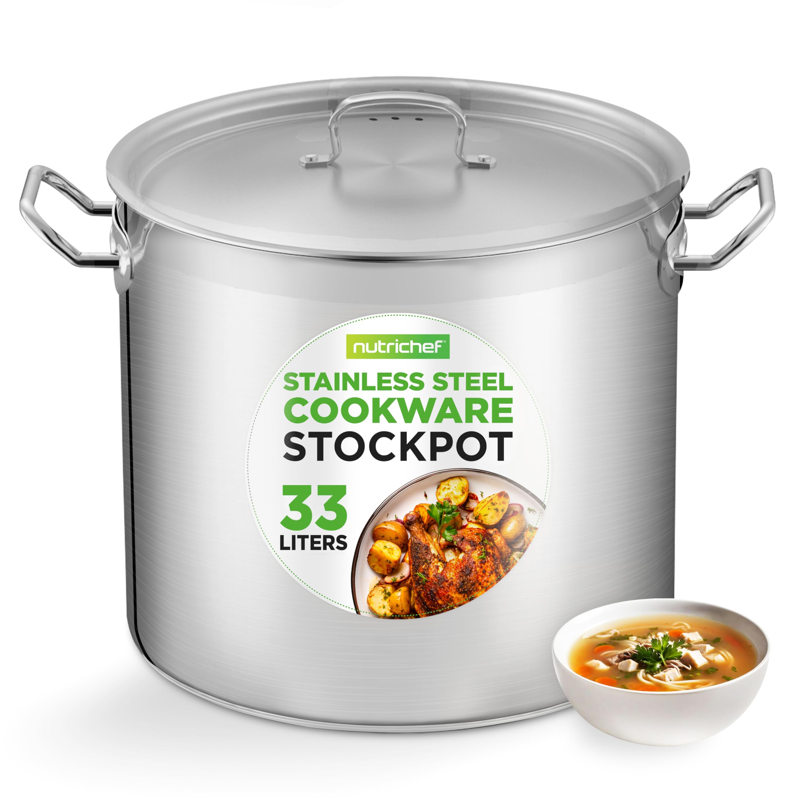 NutriChef Stainless Steel Stock Pot with Lid, 33.1L Big Stockpots for Stew, Soup, Pasta, Meat- Induction Ready, Large Cooking Pot with Ergonomic Handles