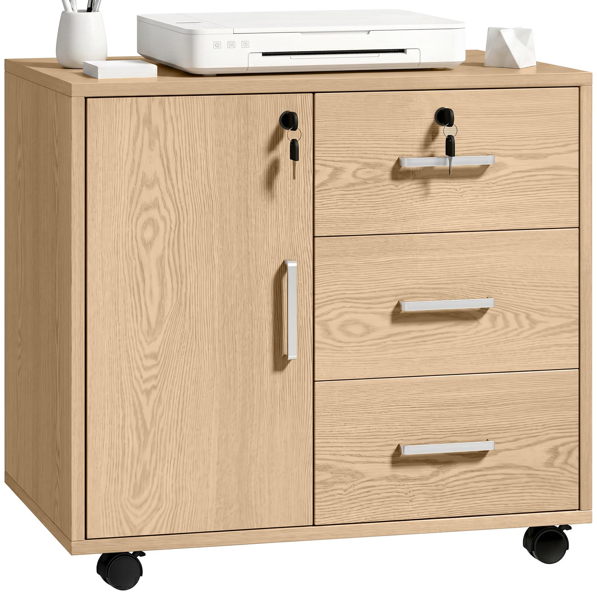 HOMCOM Cassettiera da scrivania con 3 cassetti, 40 x 60 x 56 cm, colore: Marrone | Armadietto portaoggetti regolabile per ufficio, ruote