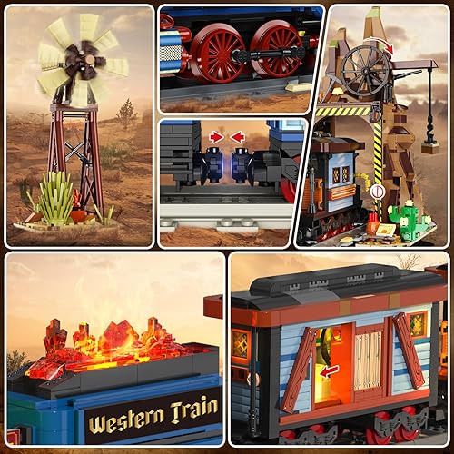 Miniatura 3 de Juego de construcción de tren occidental con luces, 1912 piezas West Trains modelo de exhibición estática, juguete con pistas, molino de viento,