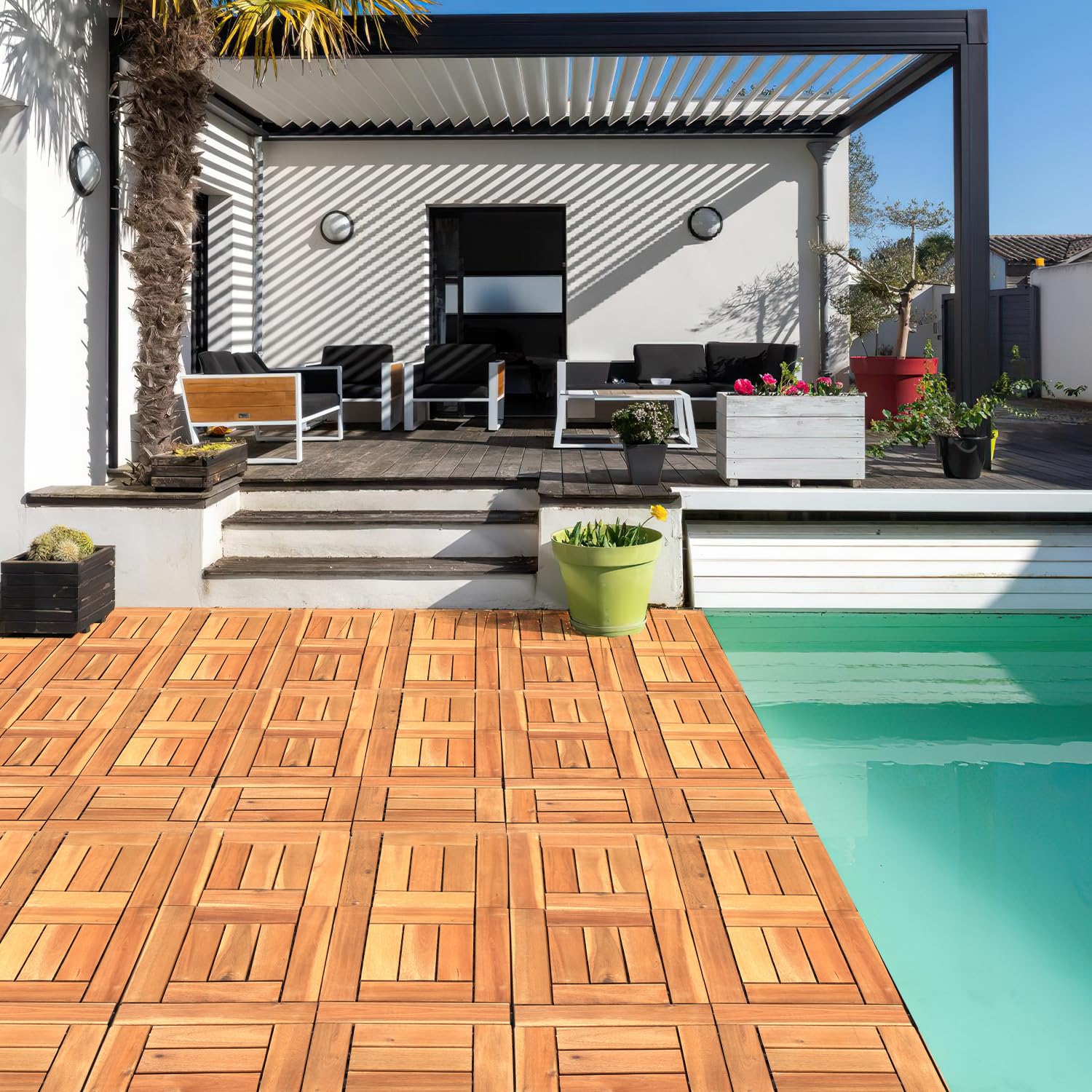 Holzfliesen Terrassenfliesen, 5m² 55 Stück Gartenfliesen 30 x 30 cm, Balkonfliesen aus Akazien Holz, Klickfliesen Terrassenfliese 6 Latten Fliese für Garten, Terrasse, Balkon