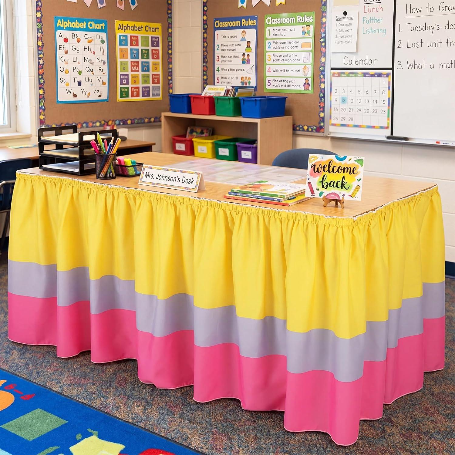 Hahafelt 13.8ft Pencil Teacher Table Skirt Pencil Colorful Desk Cover72 x 30 Inches Ruffle Desk Skirt for Classroom Teacher Decorations Back to School Supplies