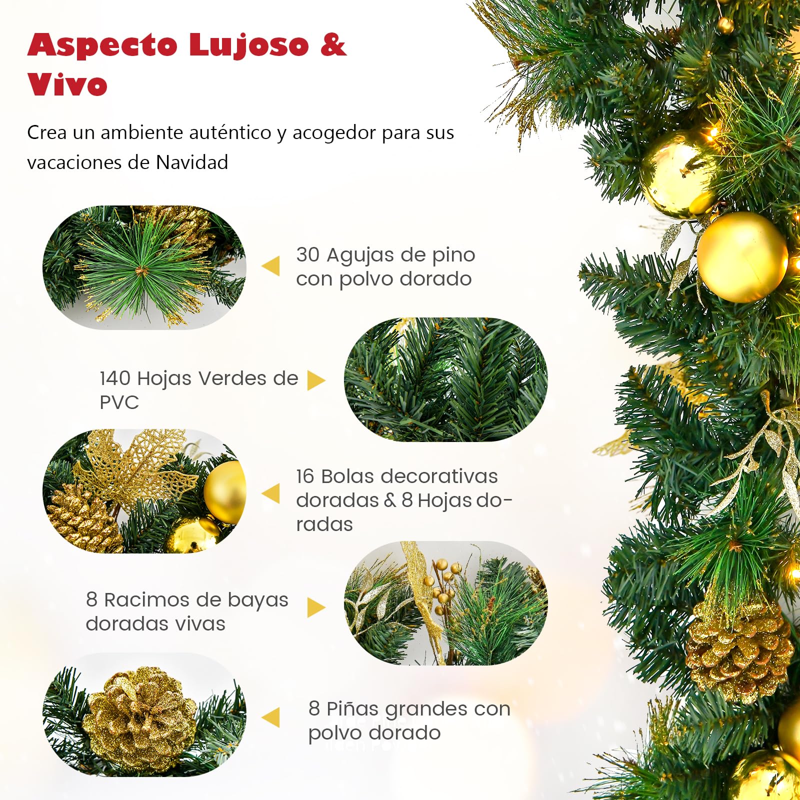 GOPLUS Guirnalda de Navidad Decorativa 270 cm, Guirnalda de Abeto Artificial con 50/100 Luces LED y Función de Temporizador, Decoración Navideña para Escalera Chimenea (Dorada)