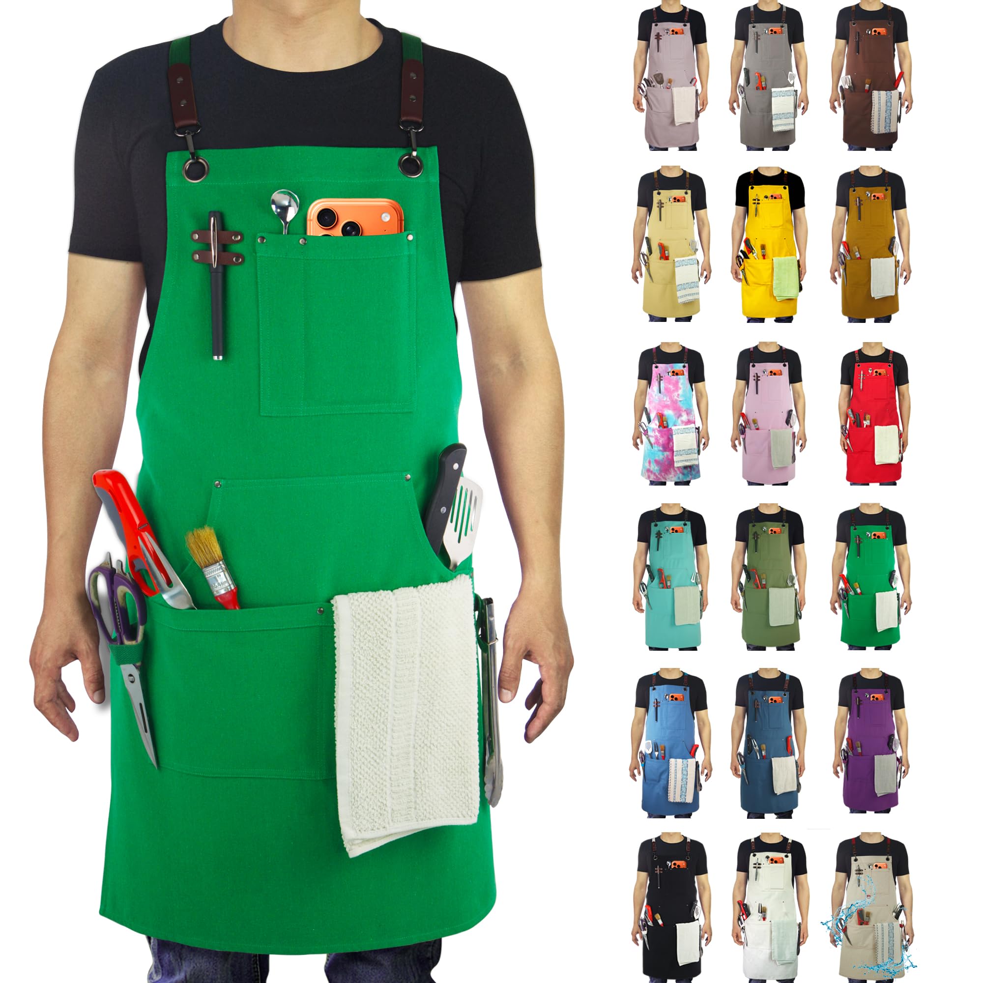 Stenffy Unisex Green Kitchen Apron, Work Apron, Multiple Pockets For Gardening, Artist, Painting, Bbq, Carpenter, Sizes M To Xxl,