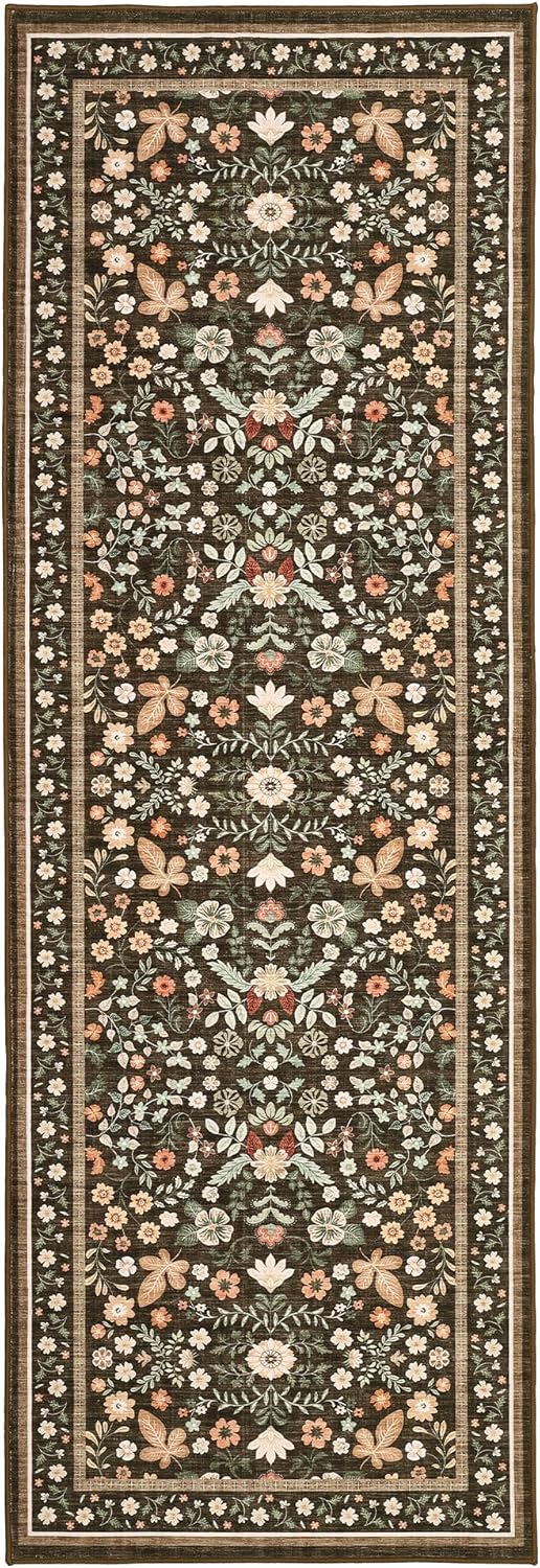 GarveeHome 2x6 Runner Rug for Hallway Washable Kitchen Rugs Non Slip Backing Floral Runner Rugs Indoor Soft Stain Resistant Low Pile for Bedroom Entryway Laundry Brown
