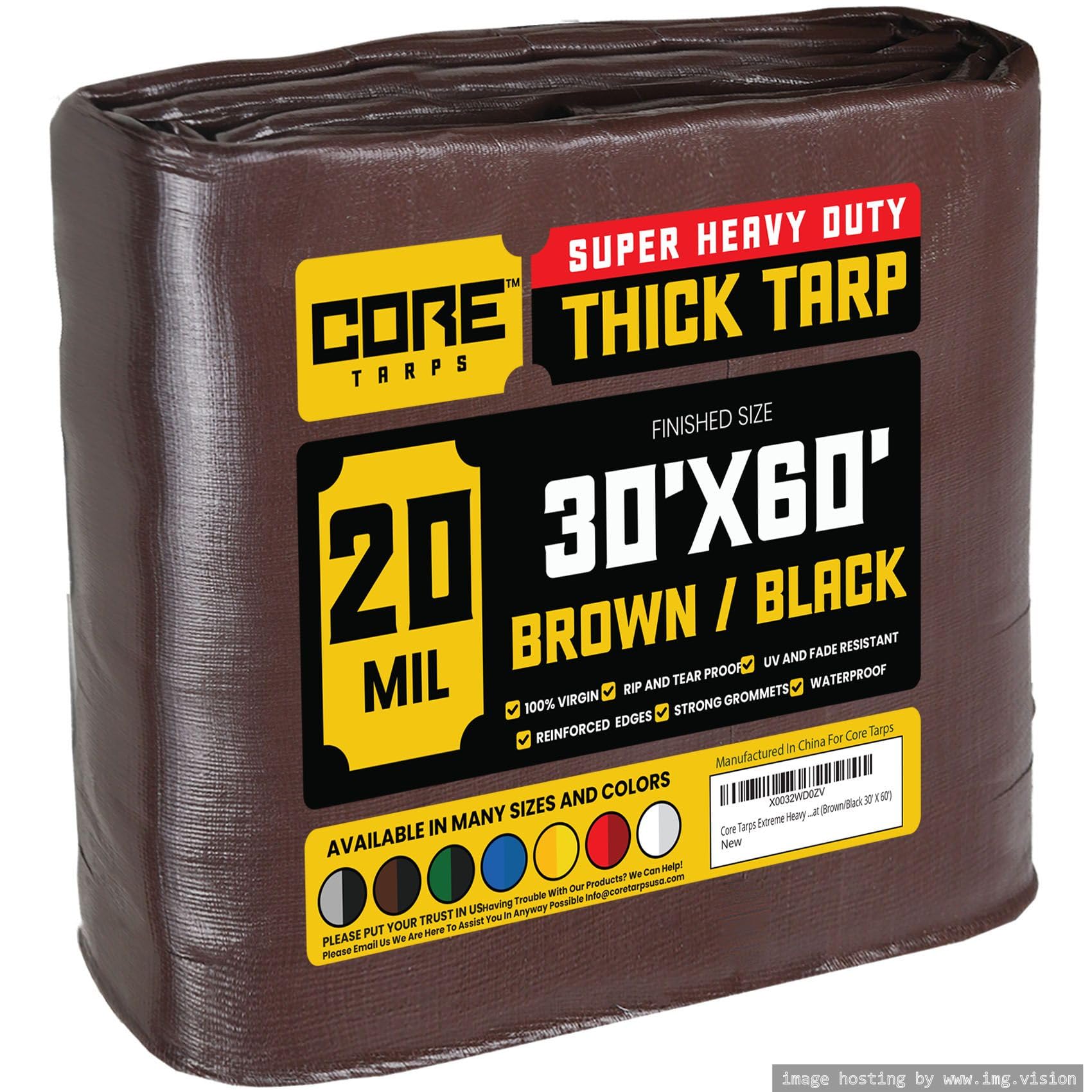 Core Tarps Extreme Heavy Duty 20 Mil Tarp Cover, Waterproof, UV Resistant, Rip and Tear Proof, Poly Tarpaulin with Reinforced Edges for Roof, Patio, Pool, Boat (Brown/Black 30′ X 60′)