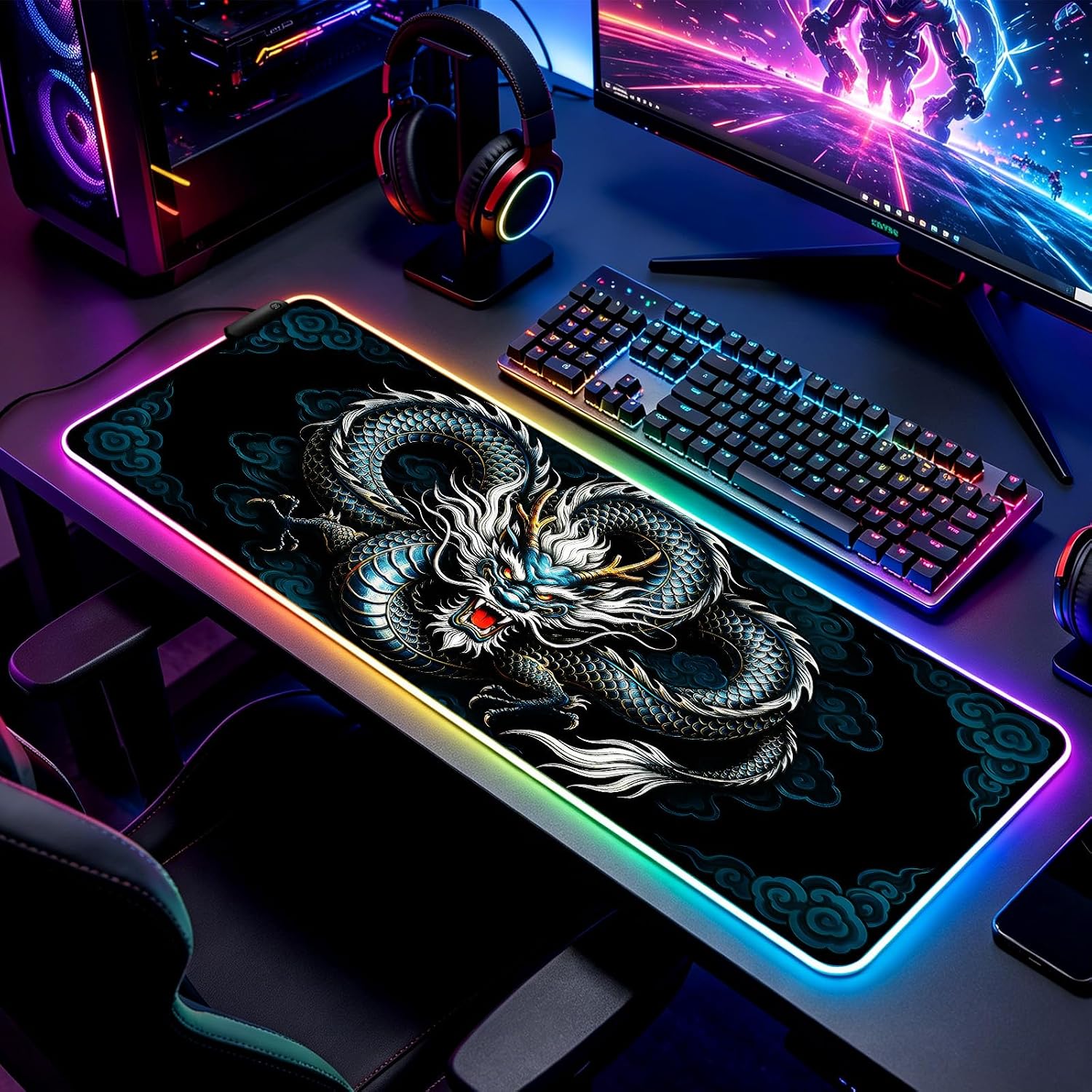 RGB Retro Dragon Gaming Desk Mat, Large Extended Mouse Pad, XL image 5