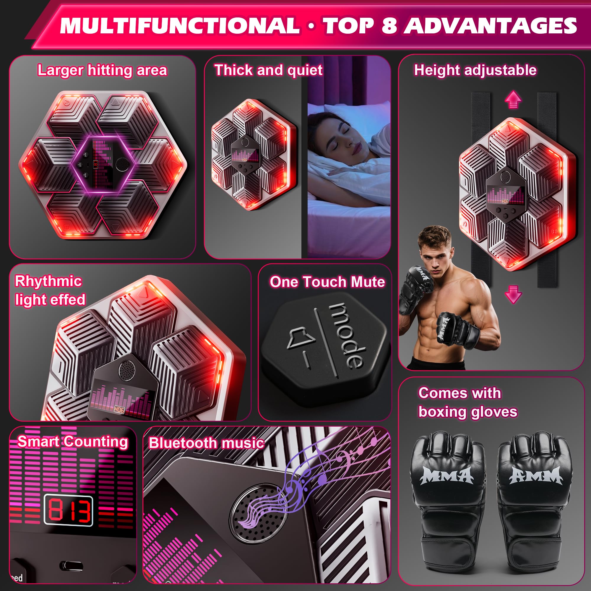 Music Boxing Machine Adulti - 14 modalità di 16 velocità Macchina da Boxe Musicale Pugile con Guanti da Boxe - LED Parete Tira Pugni con Musica - Bluetooth Boxe Allenamento per Casa