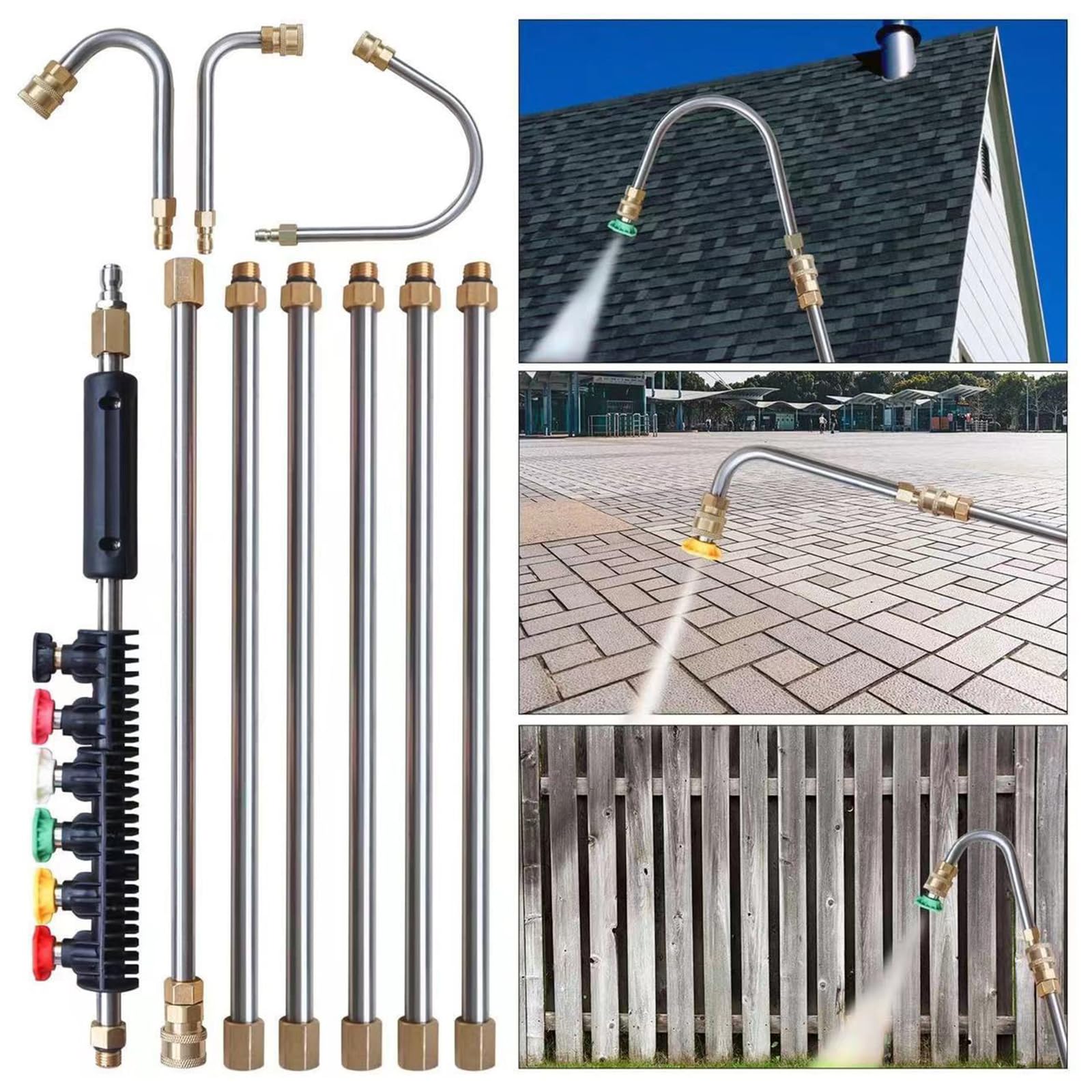 10 Pack Pressure Washer Extension Wand with 6 Nozzle Tips,Telescoping Pressure Washer Wand with Gutter Cleaner,for House Exterior, Window & Roof Cleaning(1/4 Inch Quick Connect,30°+90° Curved Rod)