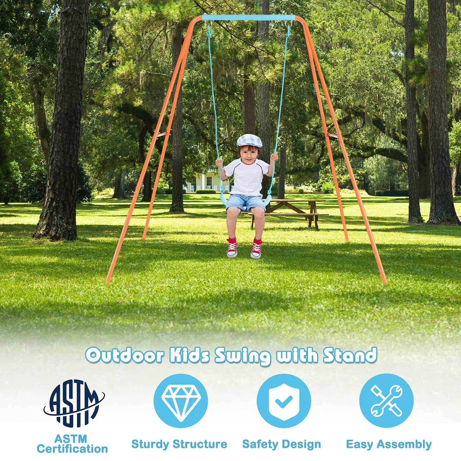 Costzon Swing Frame Stand with Swing Seat, A-Frame Swing Sets for Backyard All Weather w/Ground Stakes, Non-Slip Seat, Toddler Swing Set Great for Indoor Outdoor Garden Playground (Orange)
