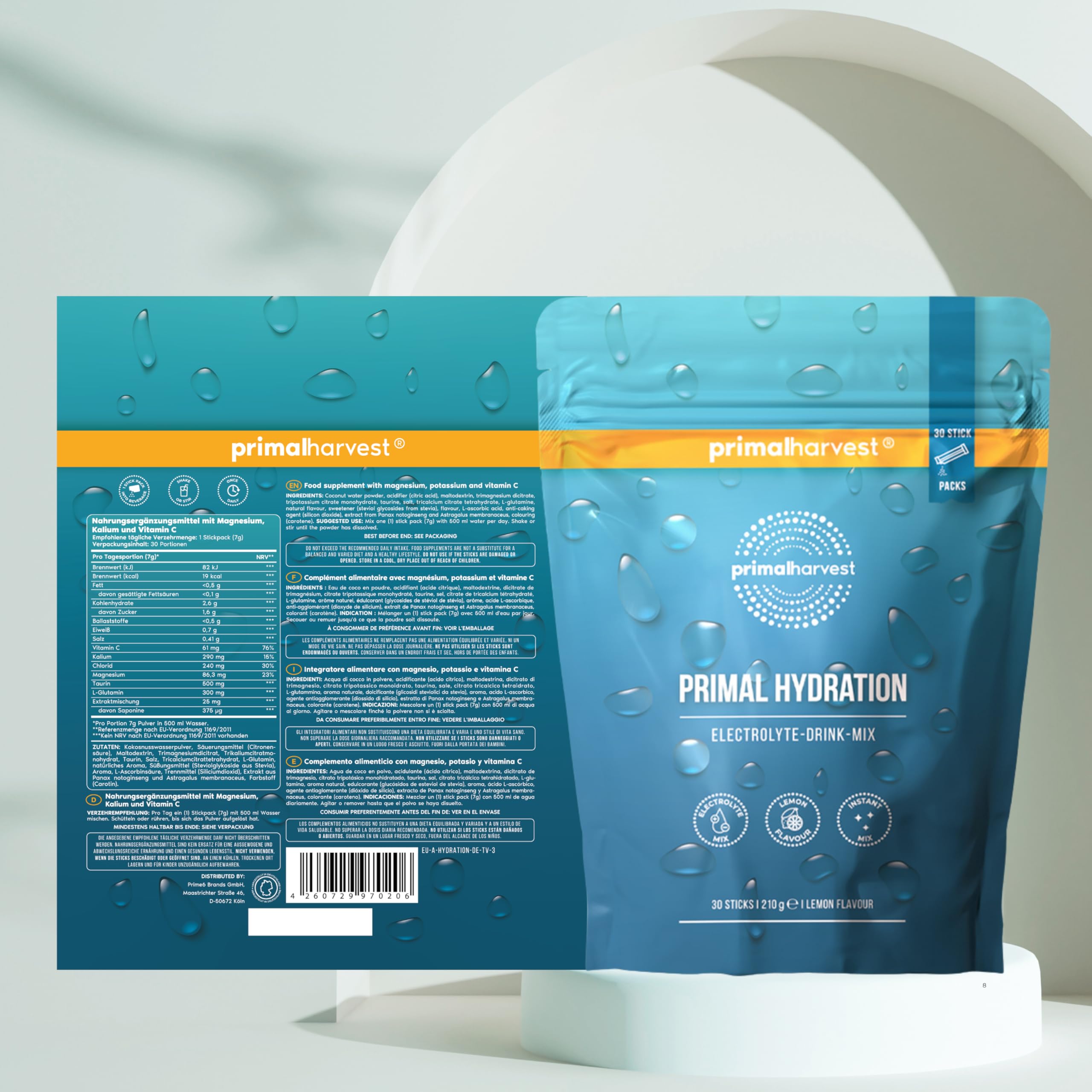 Primal Hydration von Primal Harvest - Elektrolytisches isotonisches Getränk, in praktischen Einzelpackungen, angereichert mit Magnesium, Kalium und Vitamin C, für Männer und Frauen, 30 Portionen